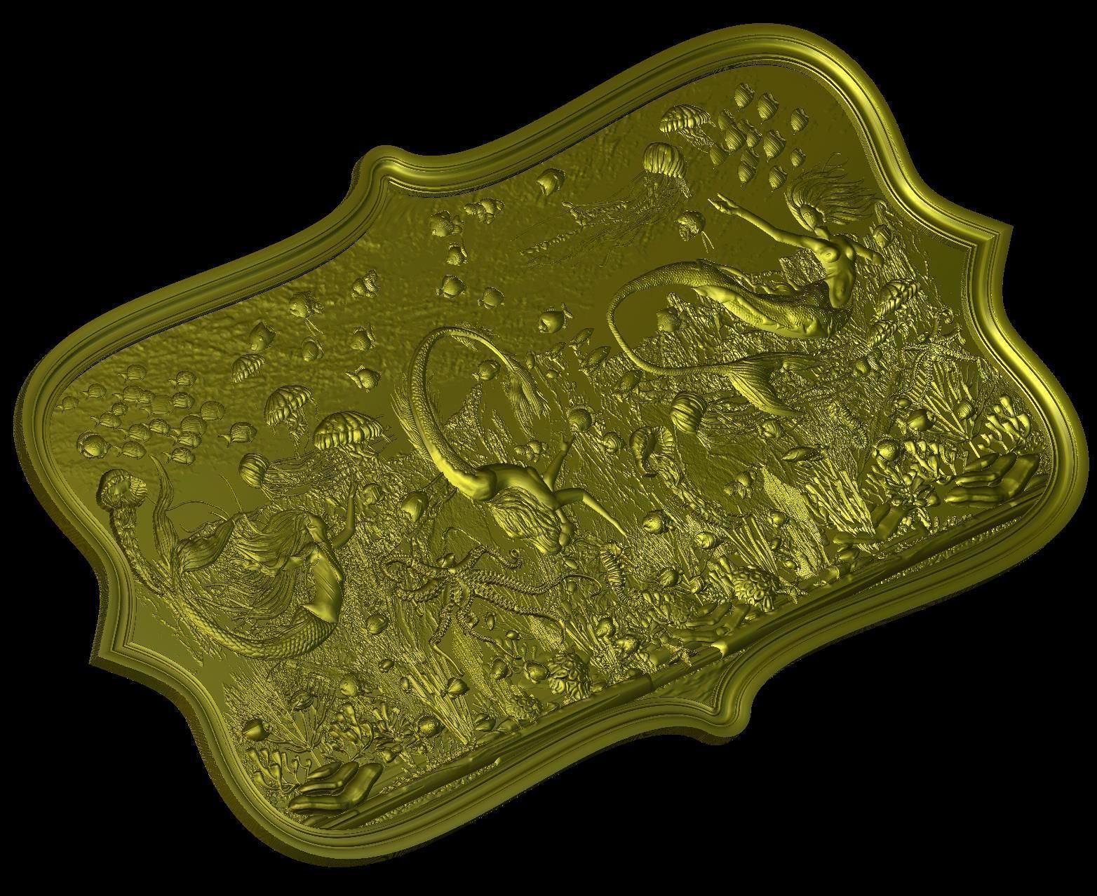 Aquatic Mermaid Theme Panno v3 for CNC Relief engraving 3D model_4