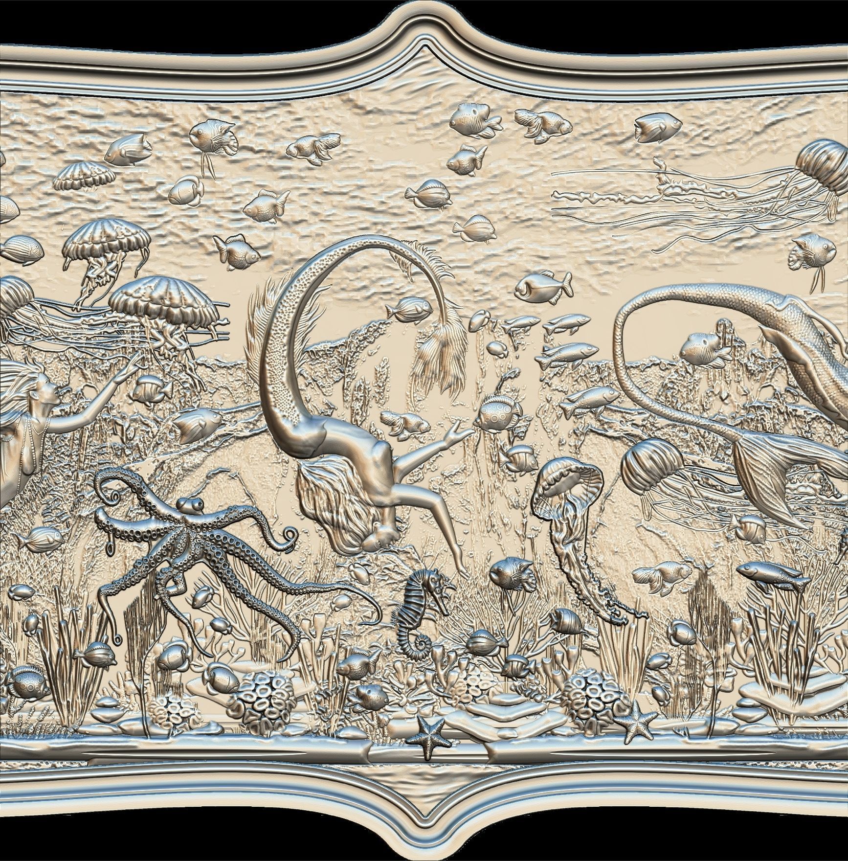 Aquatic Mermaid Theme Panno v3 for CNC Relief engraving 3D model_17