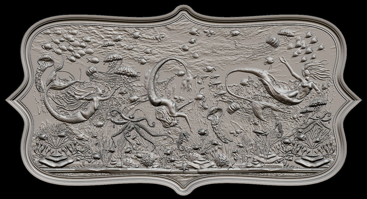 Aquatic Mermaid Theme Panno v3 for CNC Relief engraving 3D model_2