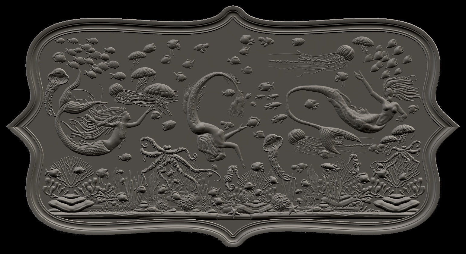 Aquatic Mermaid Theme Panno v4 STL for CNC Relief engraving 3D model_16