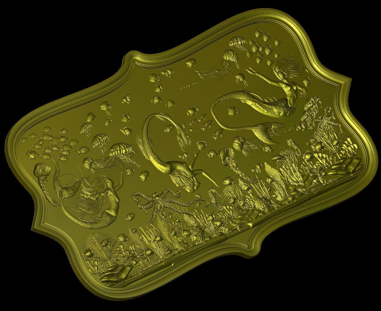 Aquatic Mermaid Theme Panno v4 STL for CNC Relief engraving 3D model_5