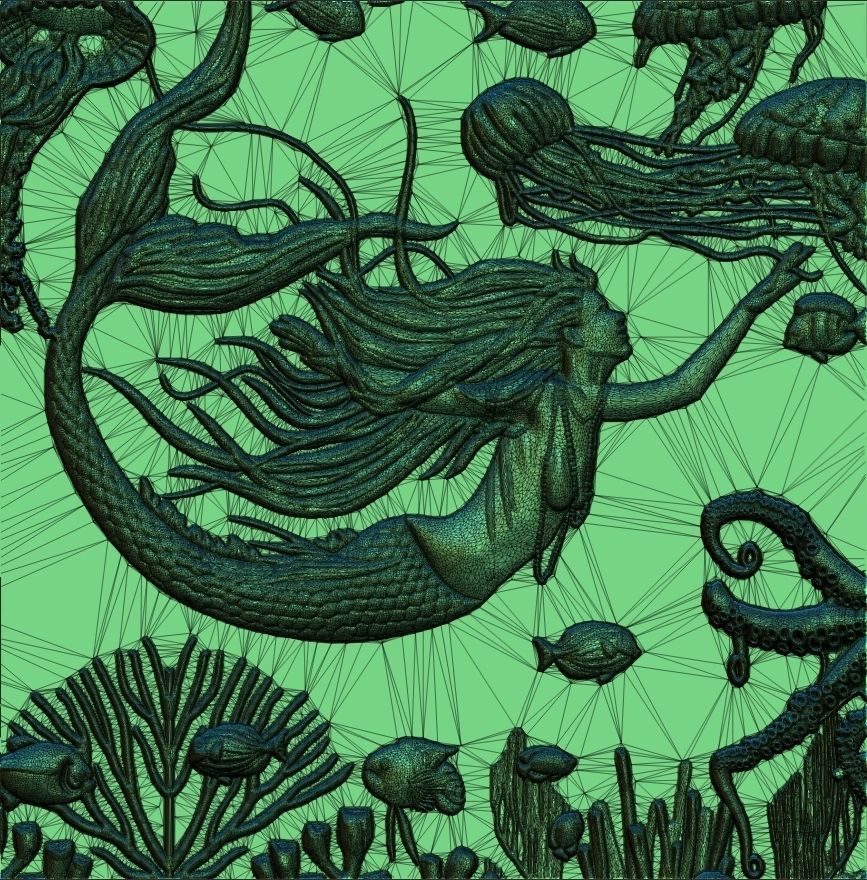 Aquatic Mermaid Theme Panno v4 STL for CNC Relief engraving 3D model_9