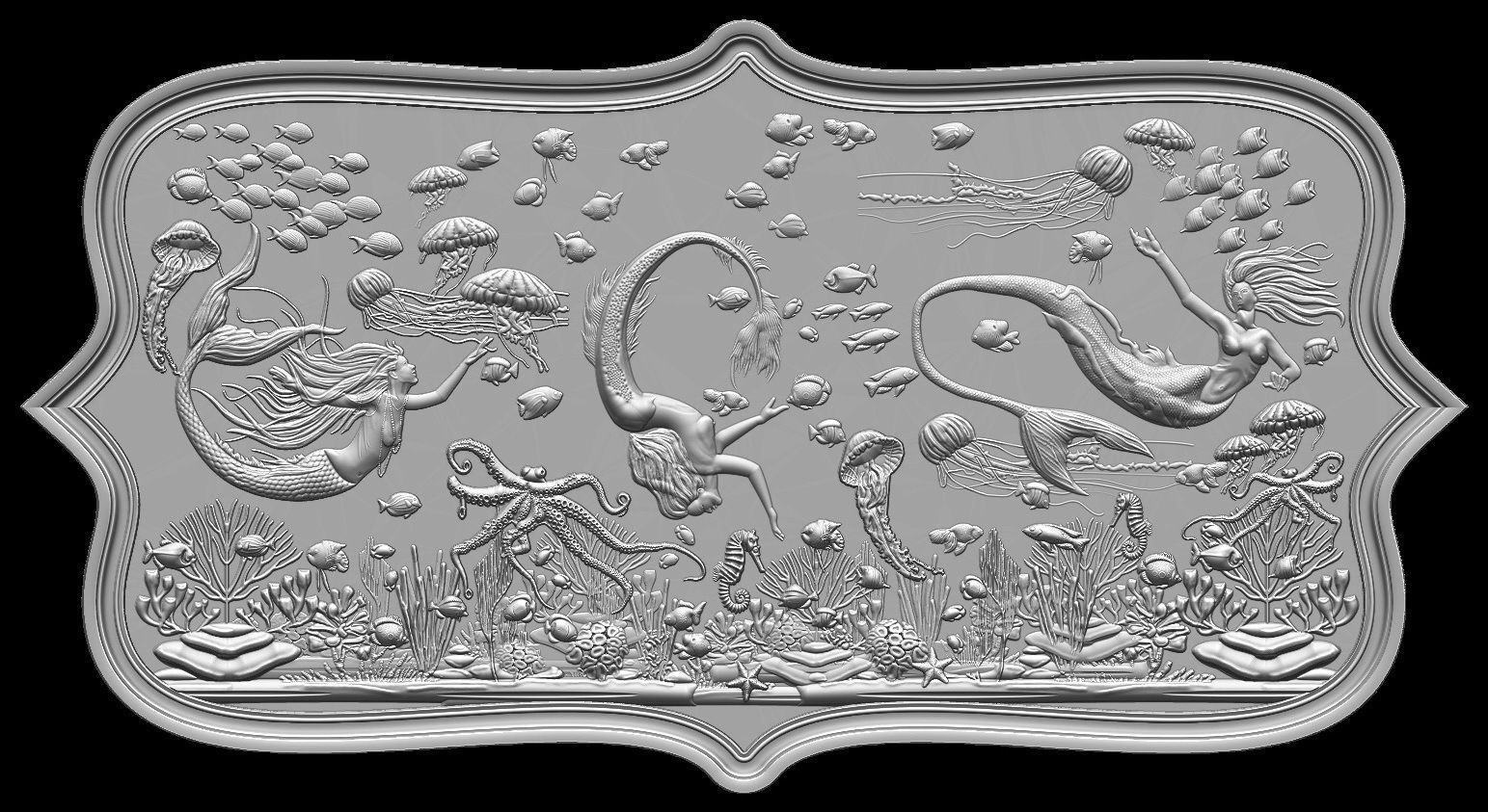 Aquatic Mermaid Theme Panno v4 STL for CNC Relief engraving 3D model_3