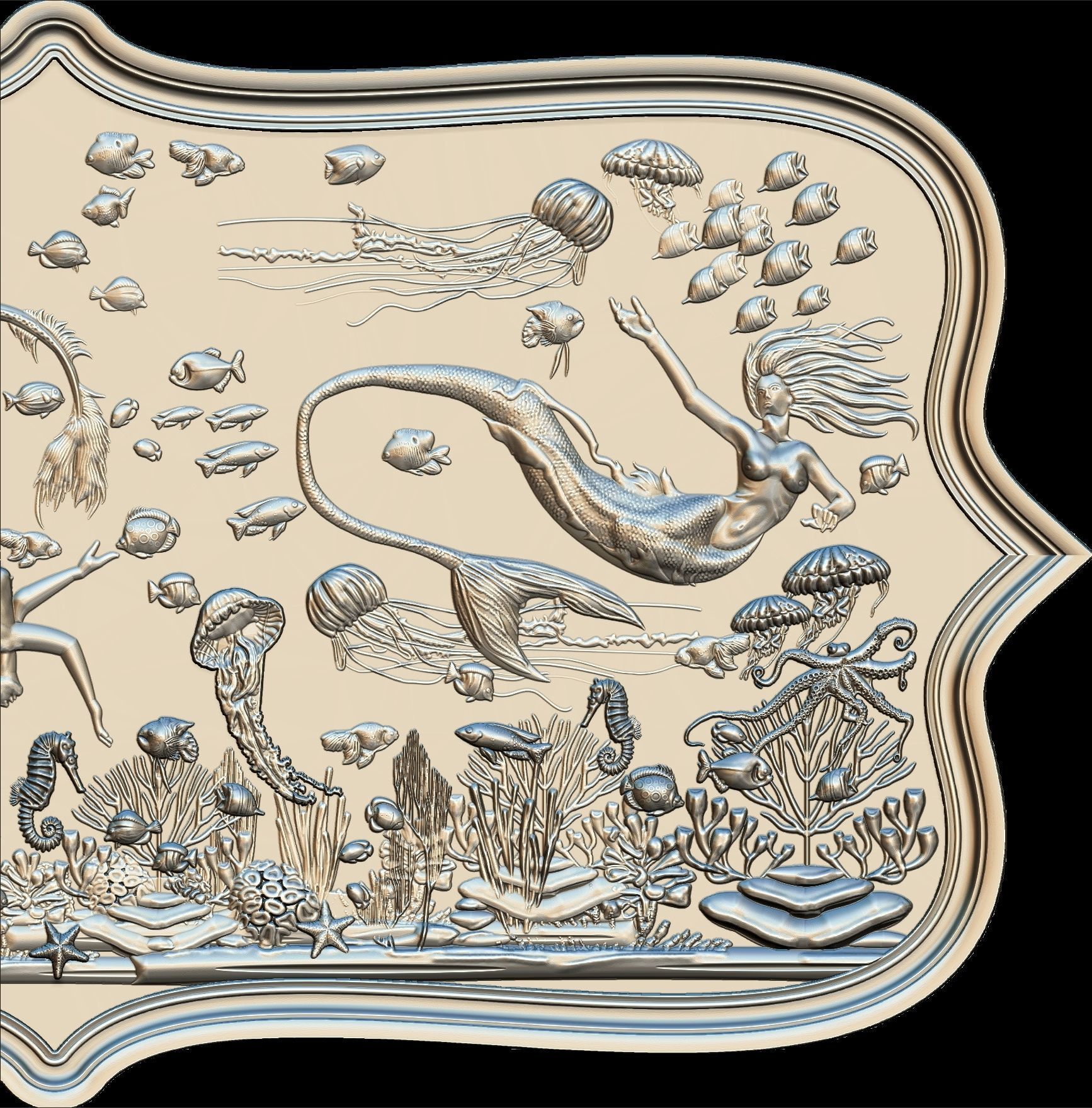 Aquatic Mermaid Theme Panno v4 STL for CNC Relief engraving 3D model_19