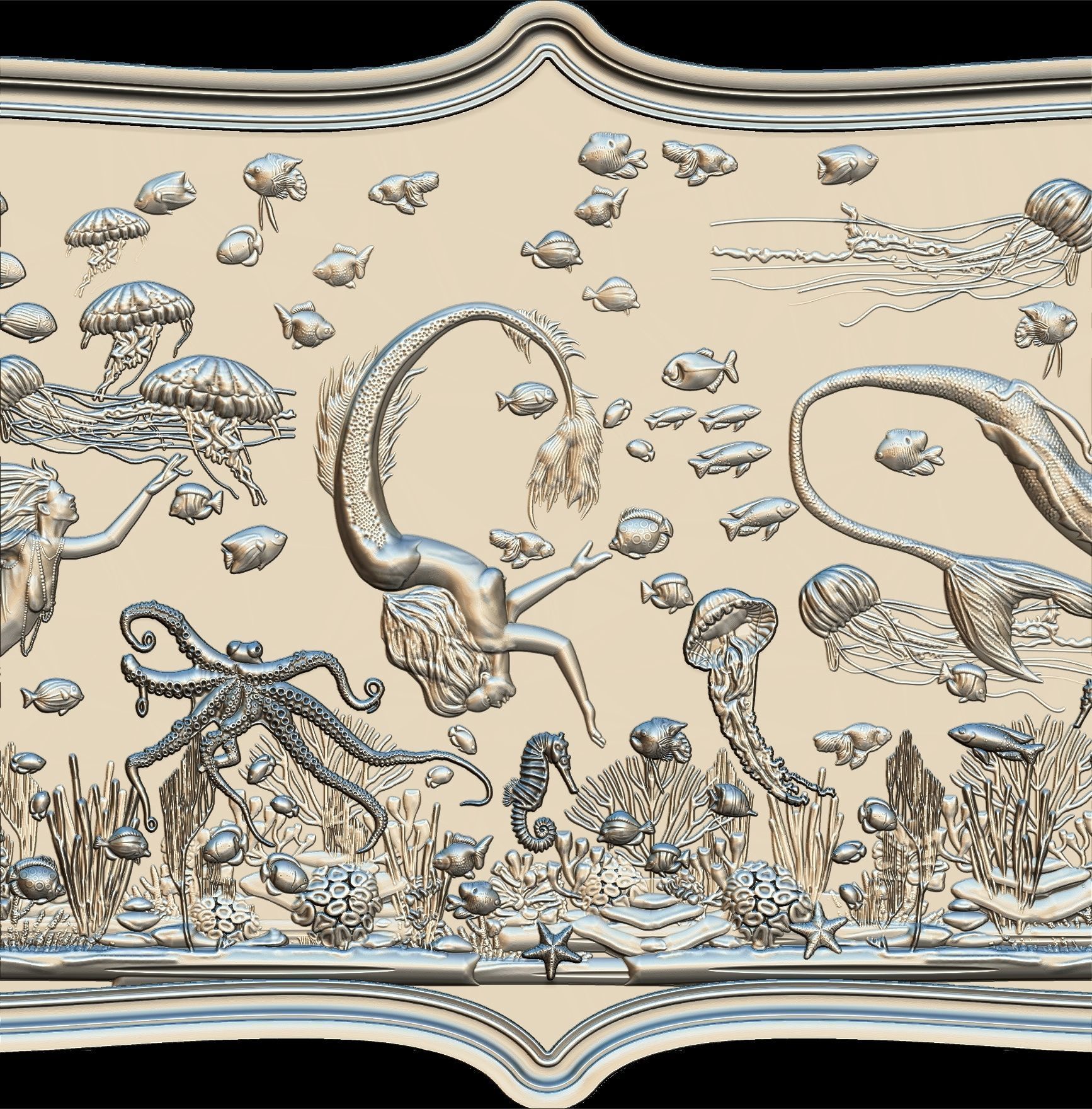 Aquatic Mermaid Theme Panno v4 STL for CNC Relief engraving 3D model_17