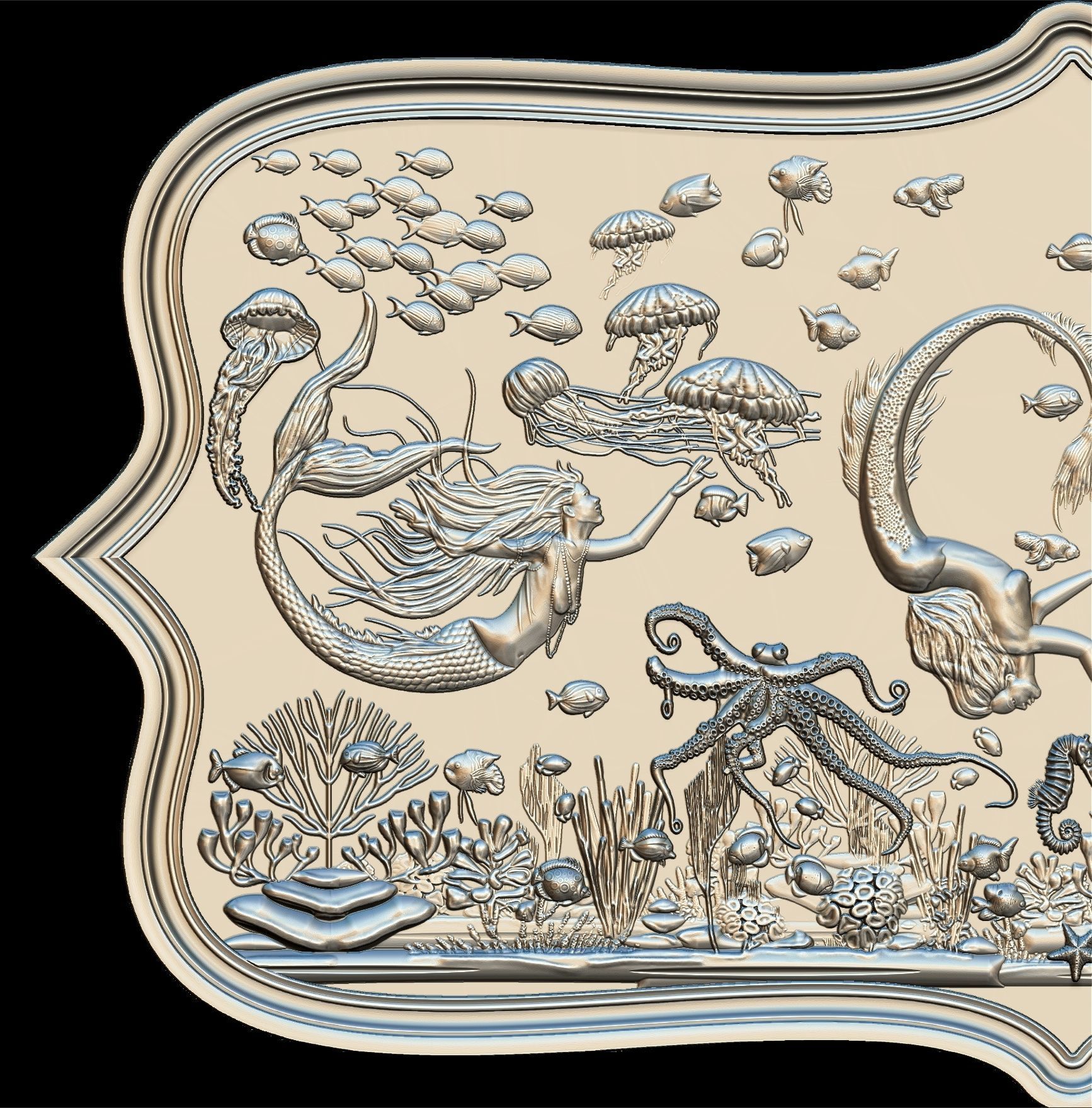 Aquatic Mermaid Theme Panno v4 STL for CNC Relief engraving 3D model_18