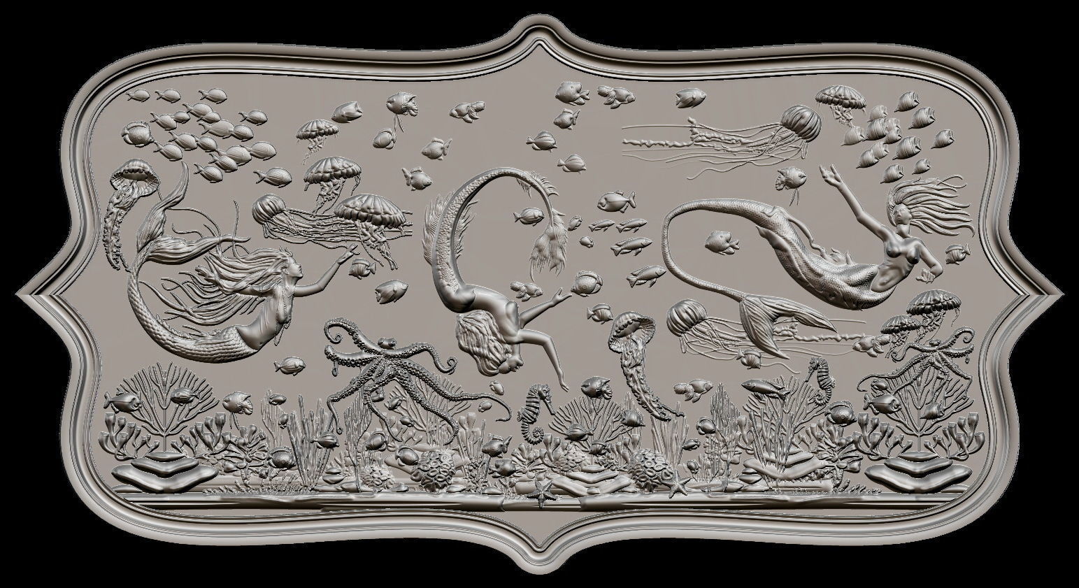 Aquatic Mermaid Theme Panno v4 STL for CNC Relief engraving 3D model_2