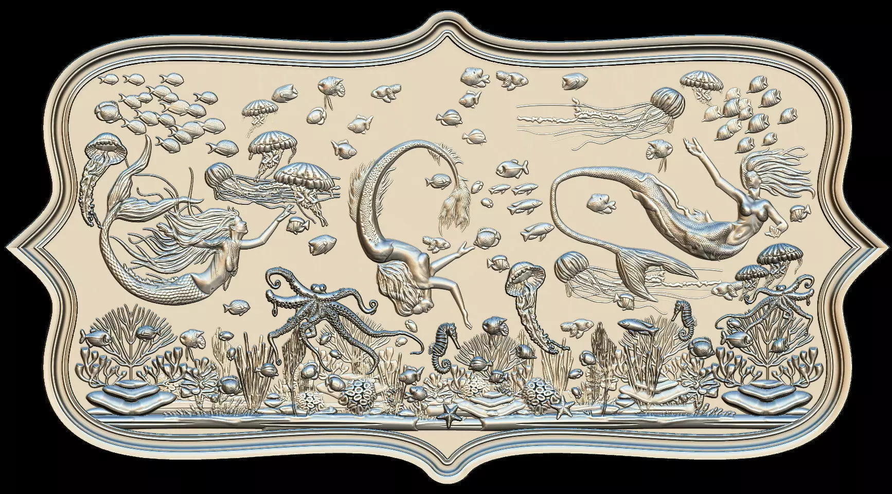 Aquatic Mermaid Theme Panno v4 STL for CNC Relief engraving 3D model_0