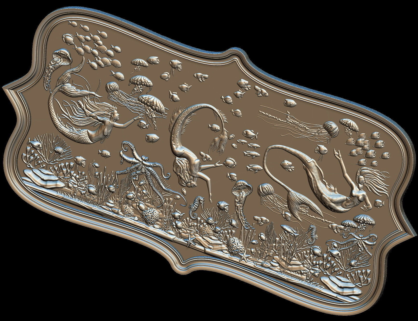 Aquatic Mermaid Theme Panno v4 STL for CNC Relief engraving 3D model_1