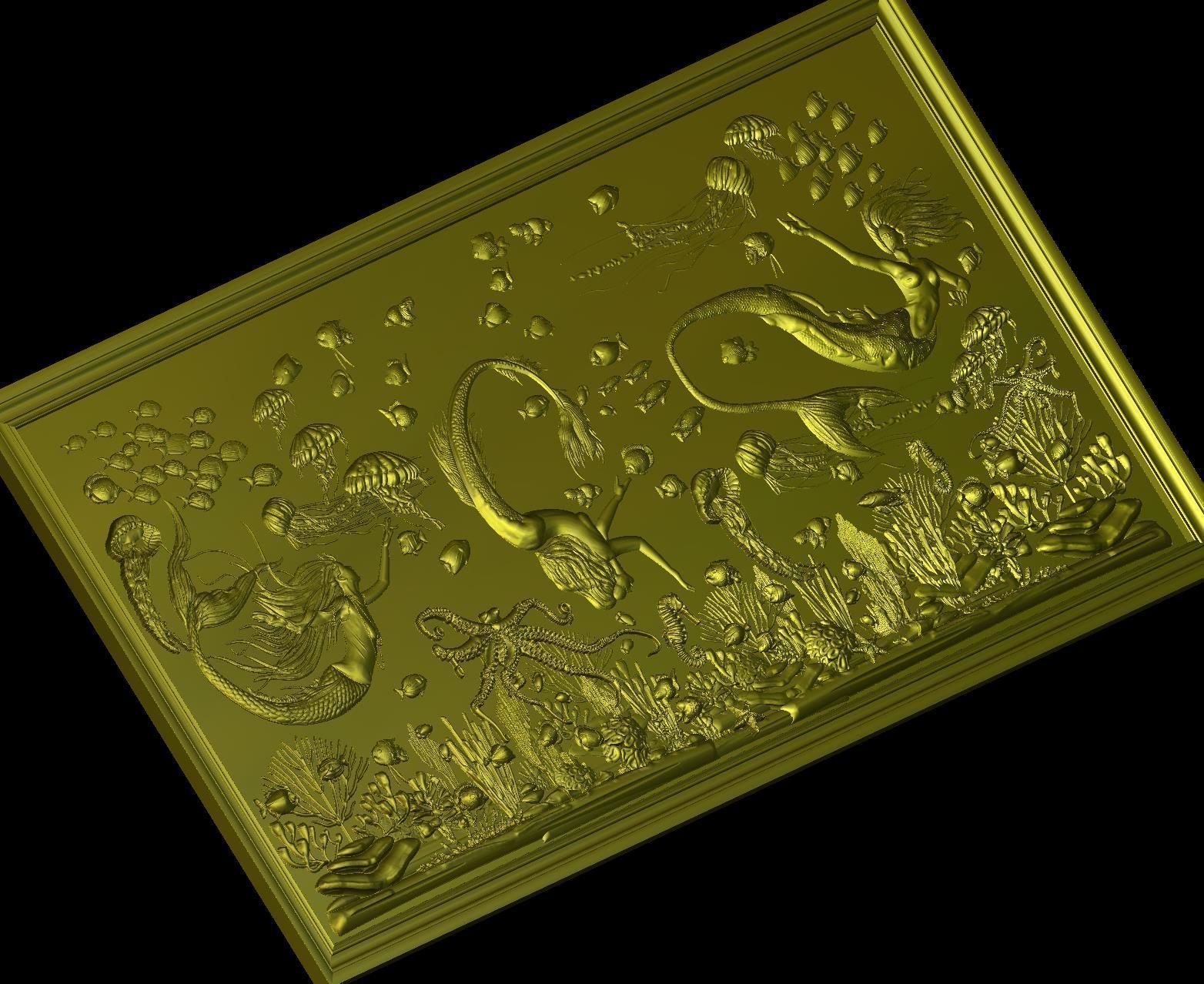 Aquatic Mermaid Theme Panno v6 STL for CNC Relief engraving 3D model_5