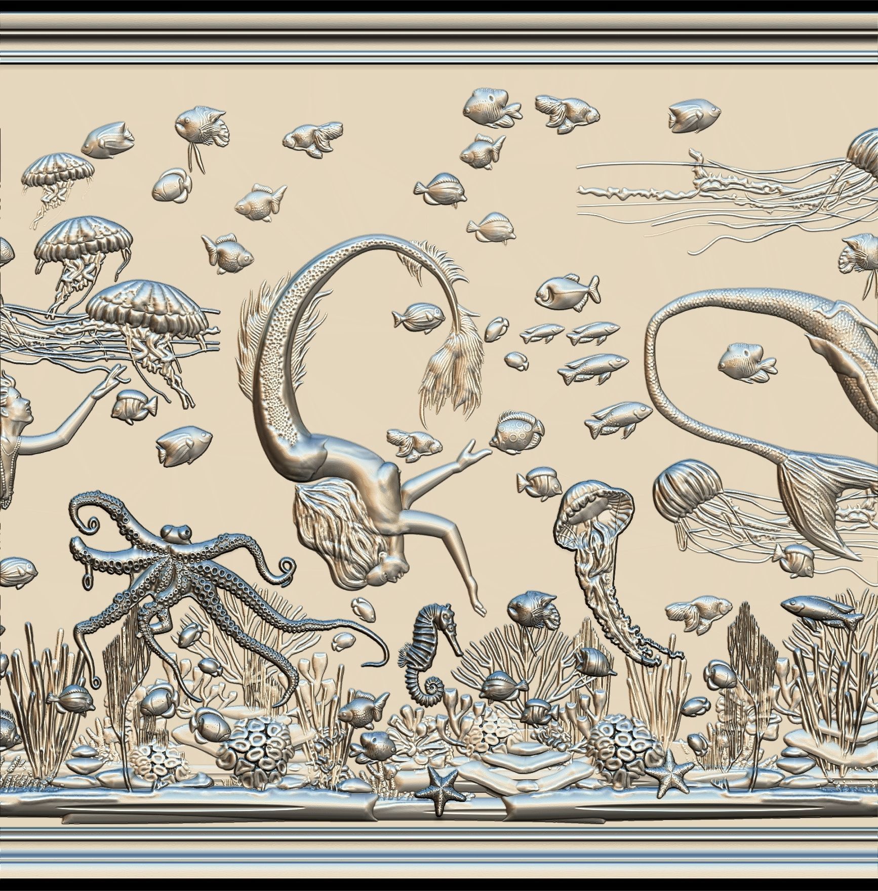 Aquatic Mermaid Theme Panno v6 STL for CNC Relief engraving 3D model_17