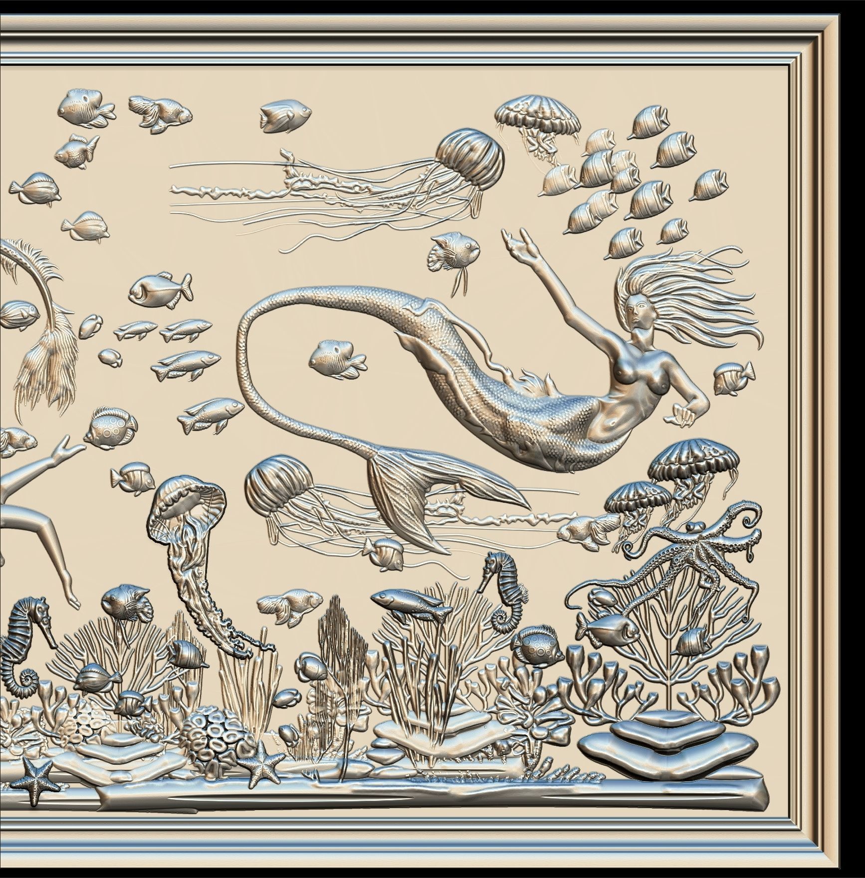 Aquatic Mermaid Theme Panno v6 STL for CNC Relief engraving 3D model_19