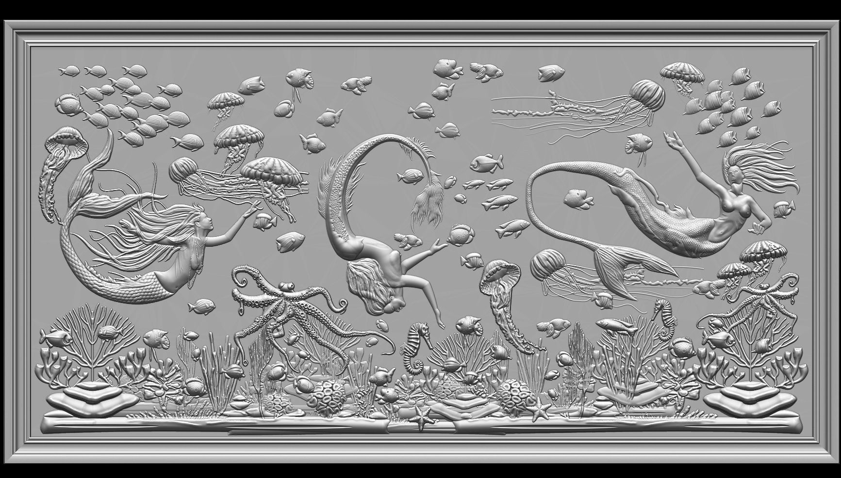 Aquatic Mermaid Theme Panno v6 STL for CNC Relief engraving 3D model_16