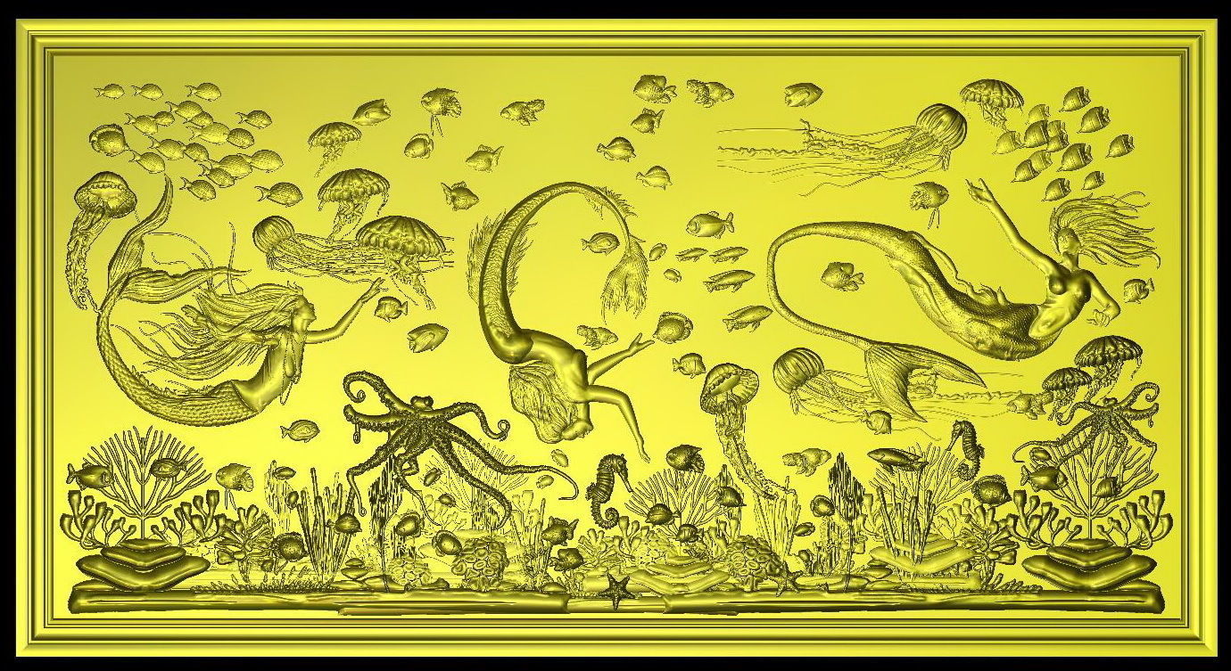 Aquatic Mermaid Theme Panno v6 STL for CNC Relief engraving 3D model_4
