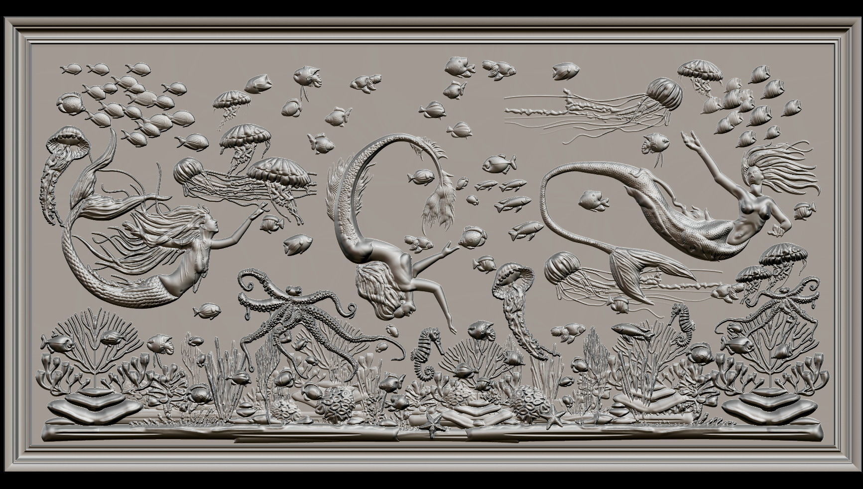 Aquatic Mermaid Theme Panno v6 STL for CNC Relief engraving 3D model_2