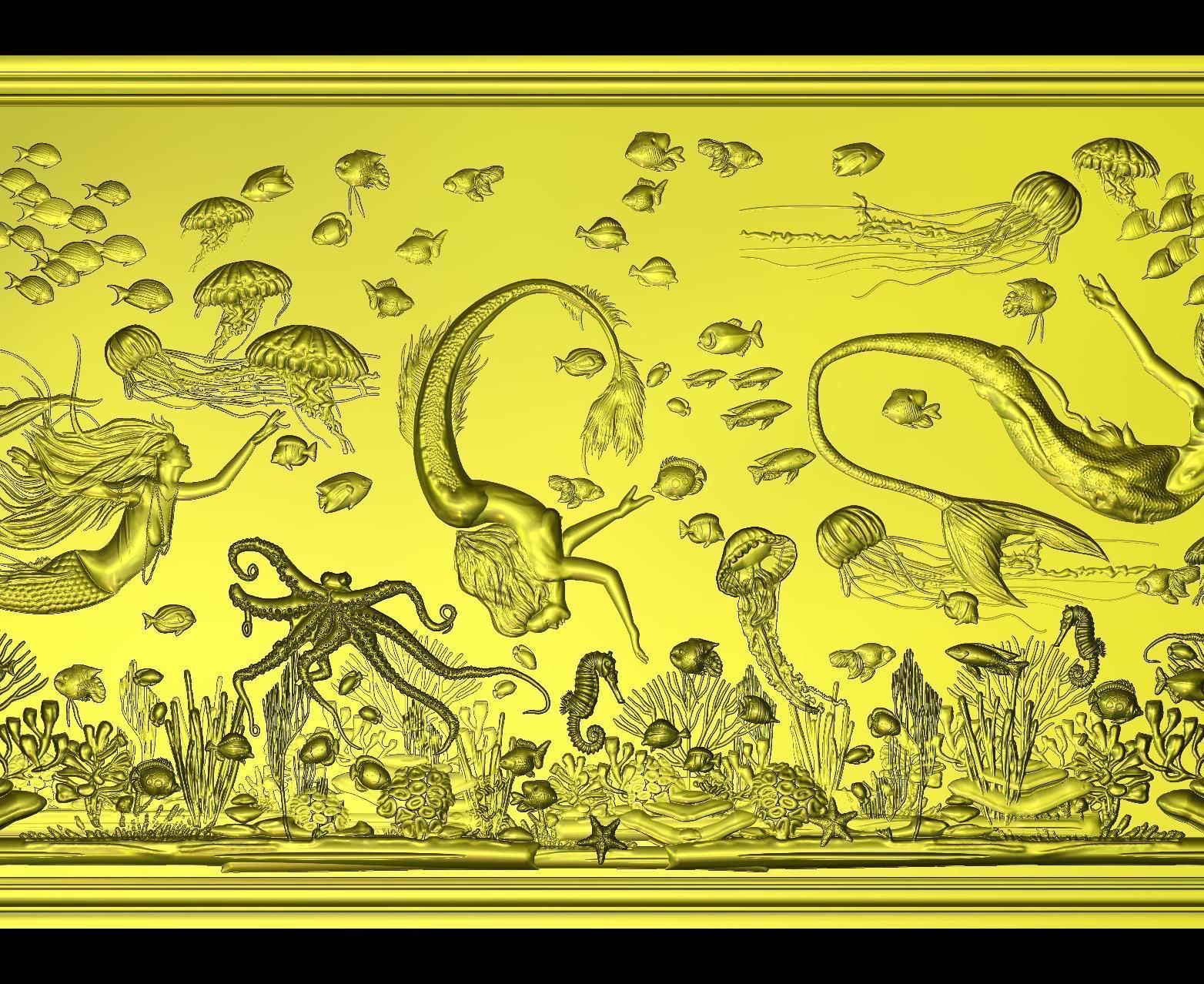 Aquatic Mermaid Theme Panno v6 STL for CNC Relief engraving 3D model_6