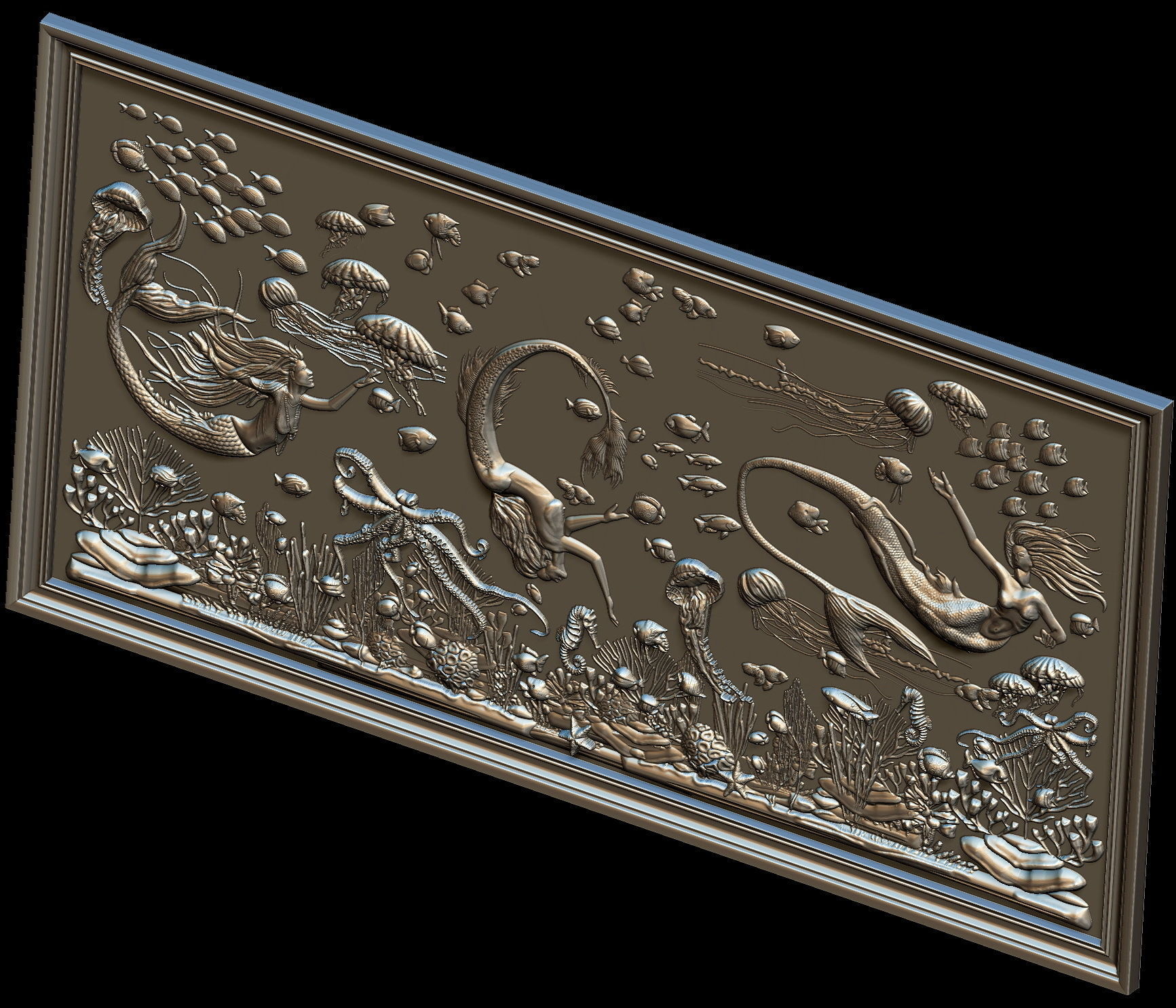 Aquatic Mermaid Theme Panno v6 STL for CNC Relief engraving 3D model_1