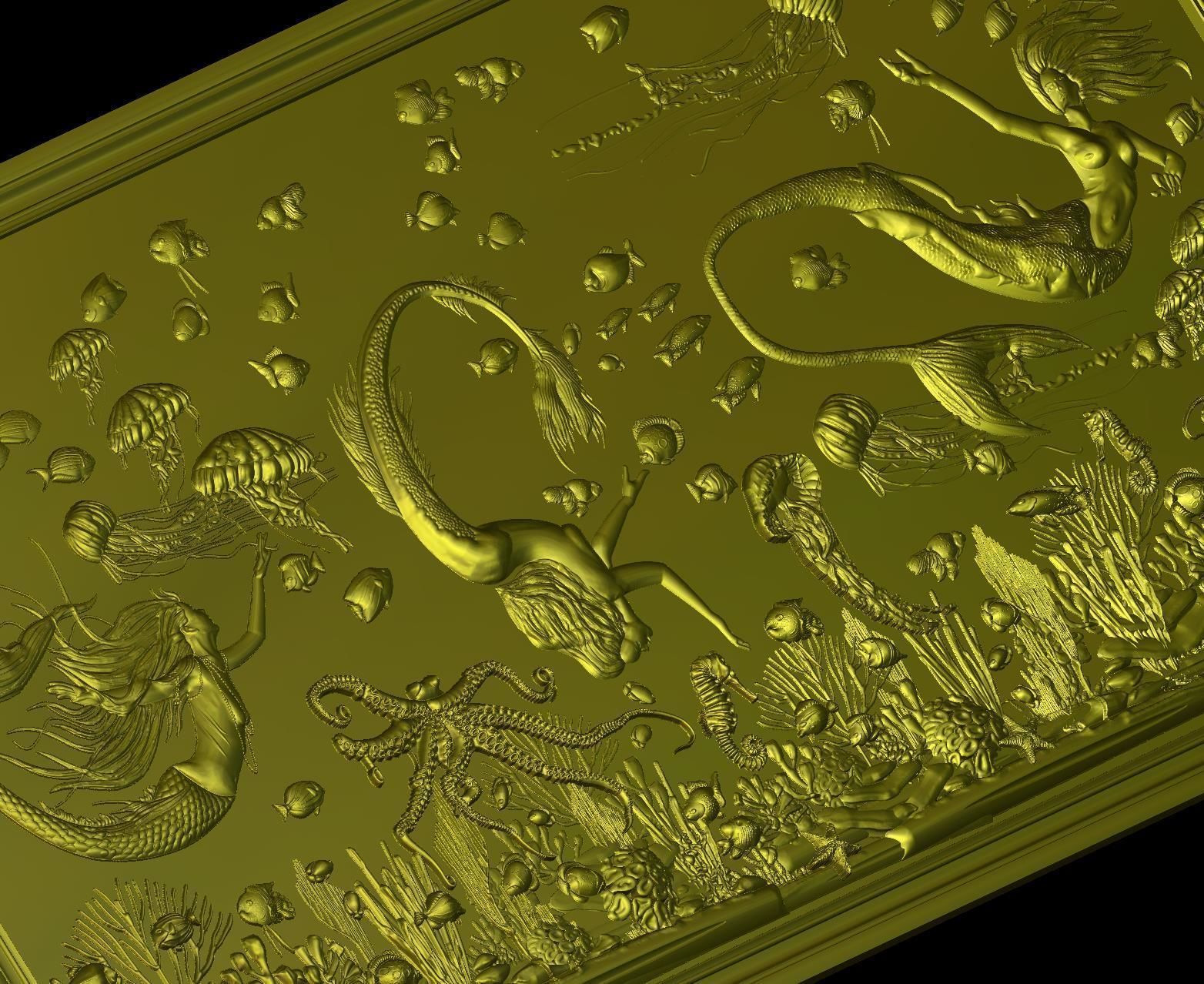 Aquatic Mermaid Theme Panno v6 STL for CNC Relief engraving 3D model_7