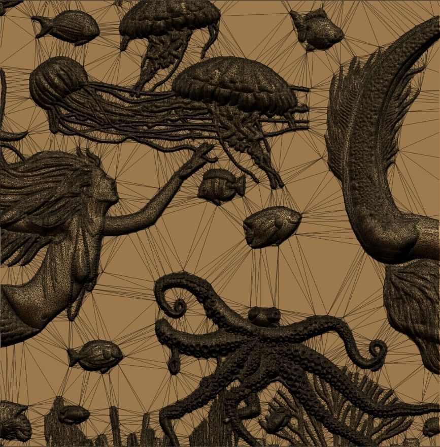 Aquatic Mermaid Theme Panno v6 STL for CNC Relief engraving 3D model_9
