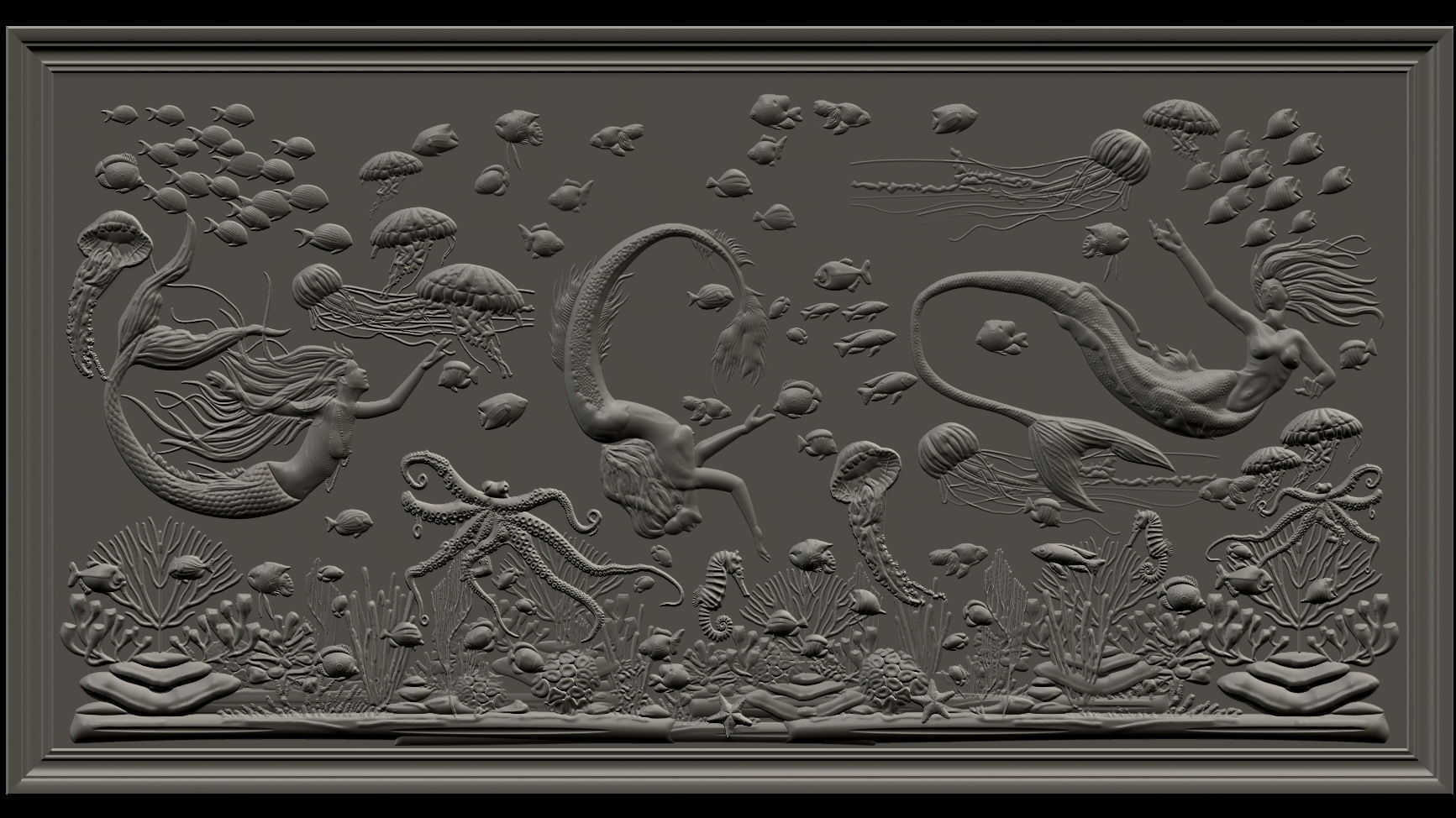 Aquatic Mermaid Theme Panno v6 STL for CNC Relief engraving 3D model_3