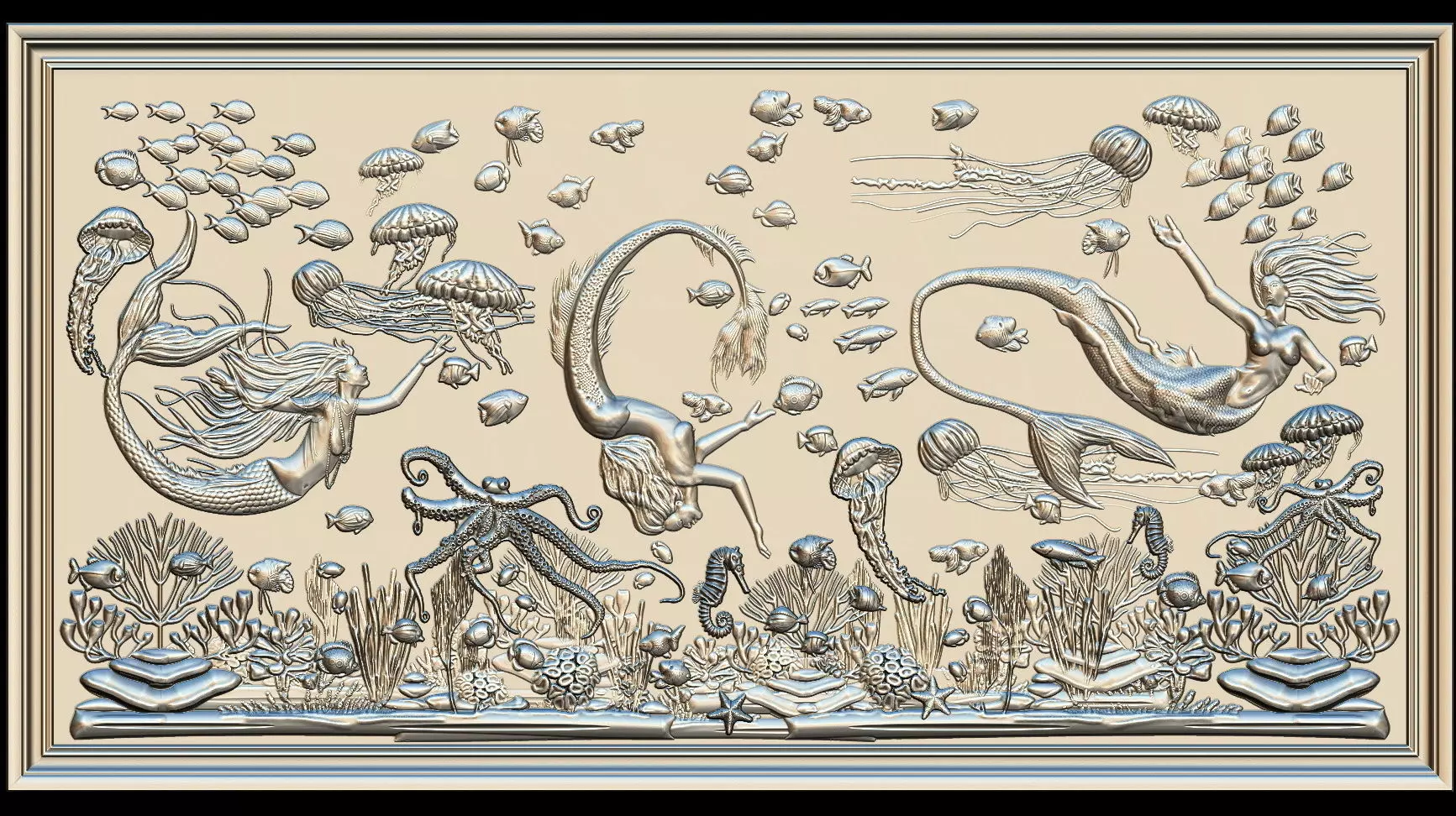 Aquatic Mermaid Theme Panno v6 STL for CNC Relief engraving 3D model_0