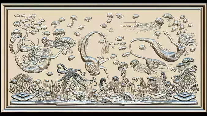 Aquatic Mermaid Theme Panno v6 STL for CNC Relief engraving