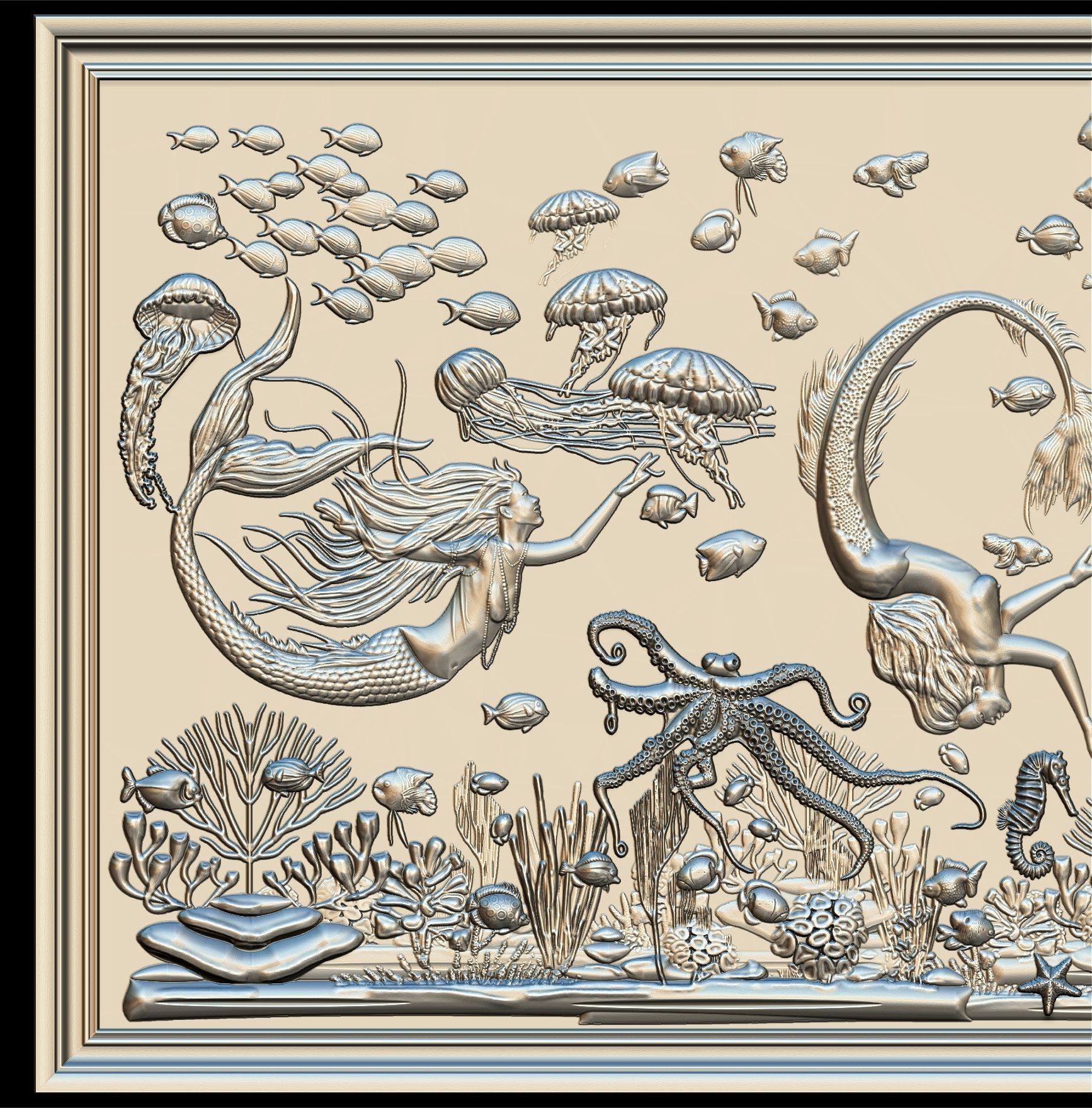 Aquatic Mermaid Theme Panno v6 STL for CNC Relief engraving 3D model_18