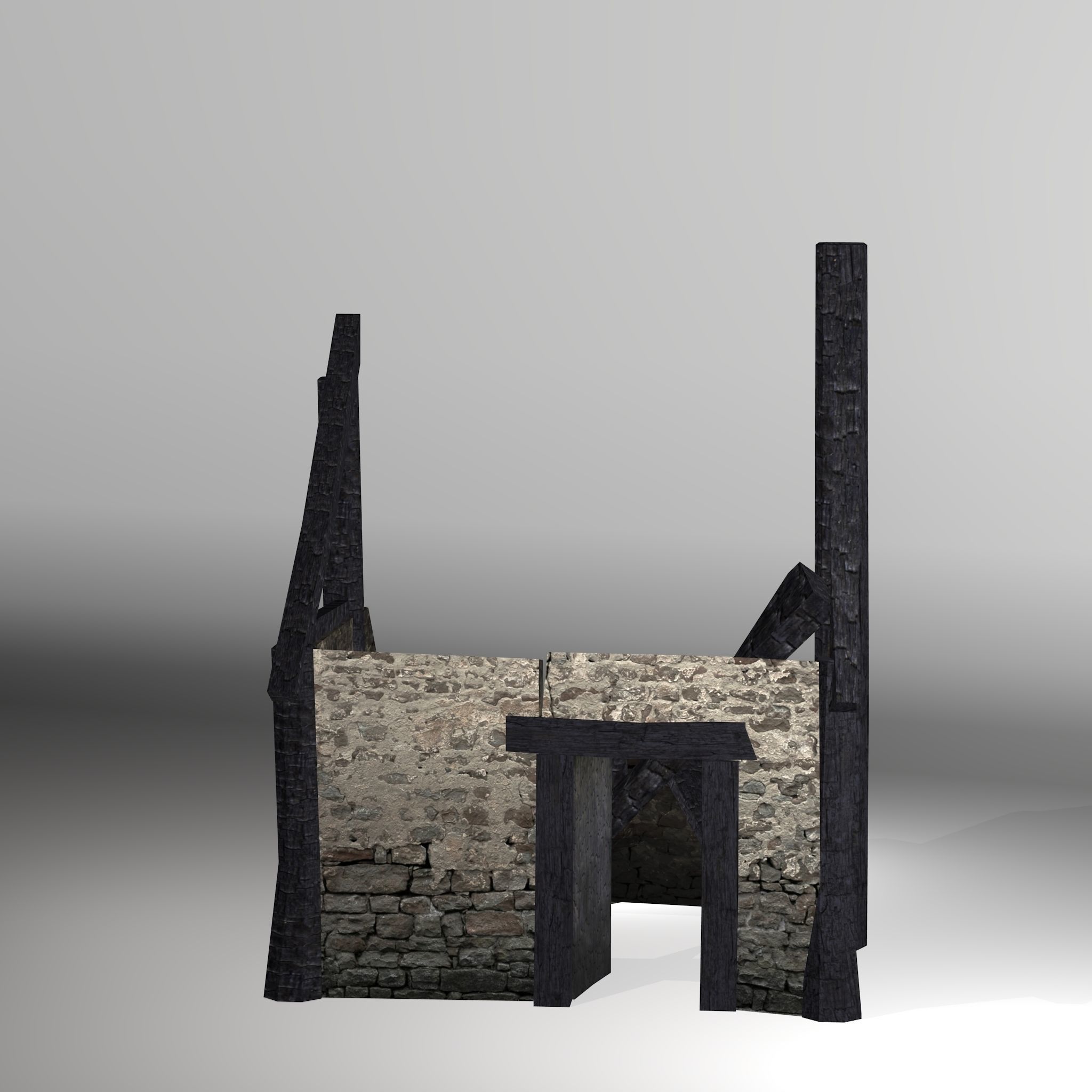 Burned Thatched house Low-poly 3D model_6