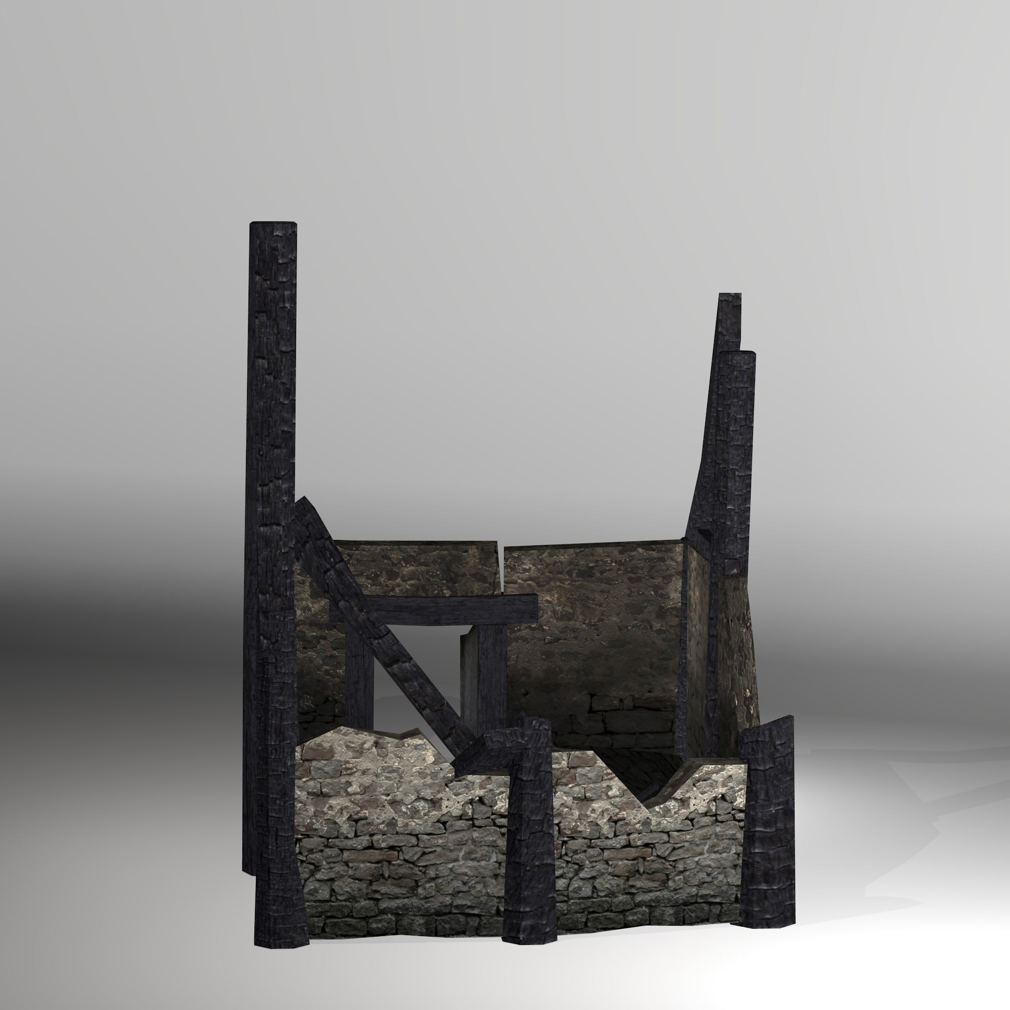 Burned Thatched house Low-poly 3D model_3