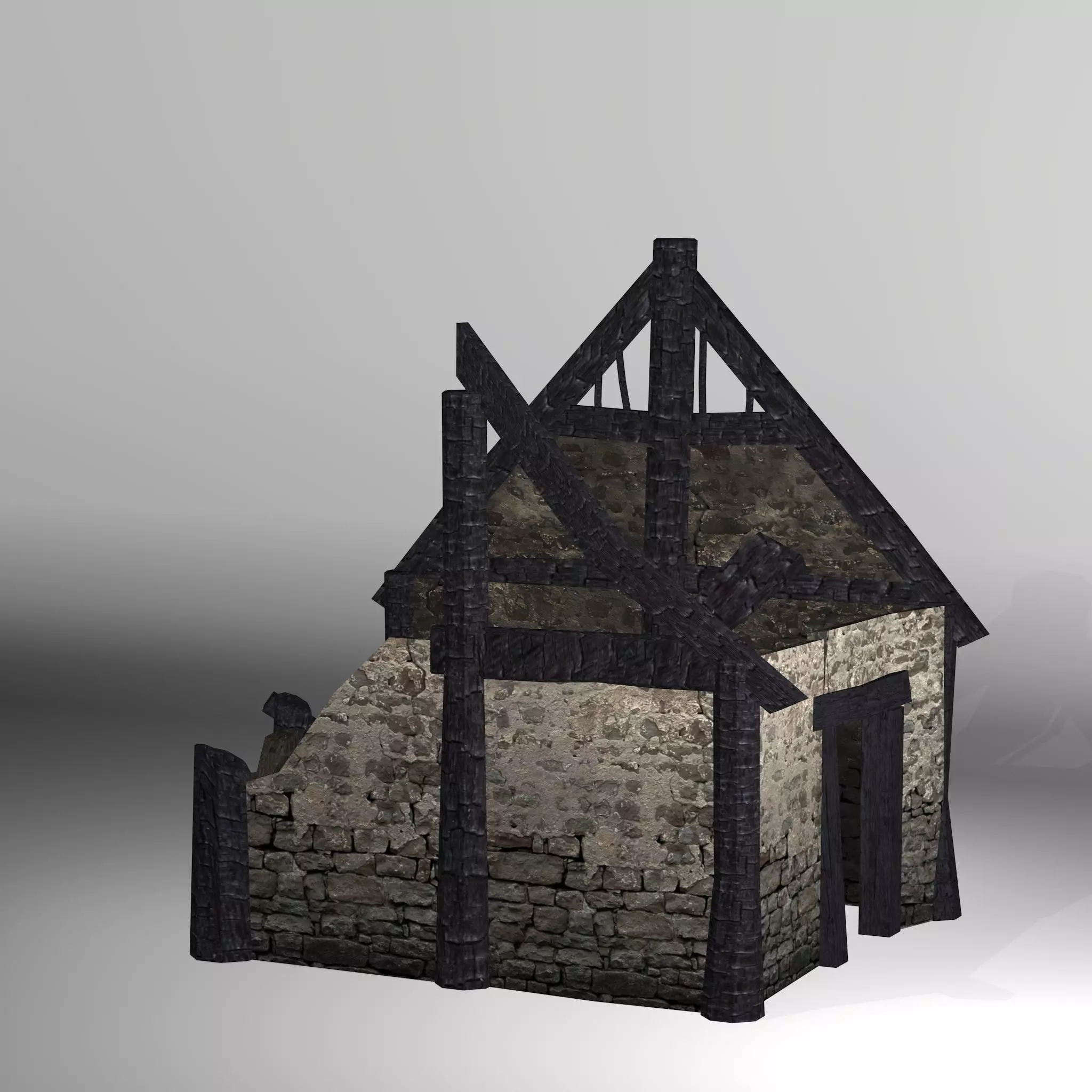 Burned Thatched house Low-poly 3D model_0