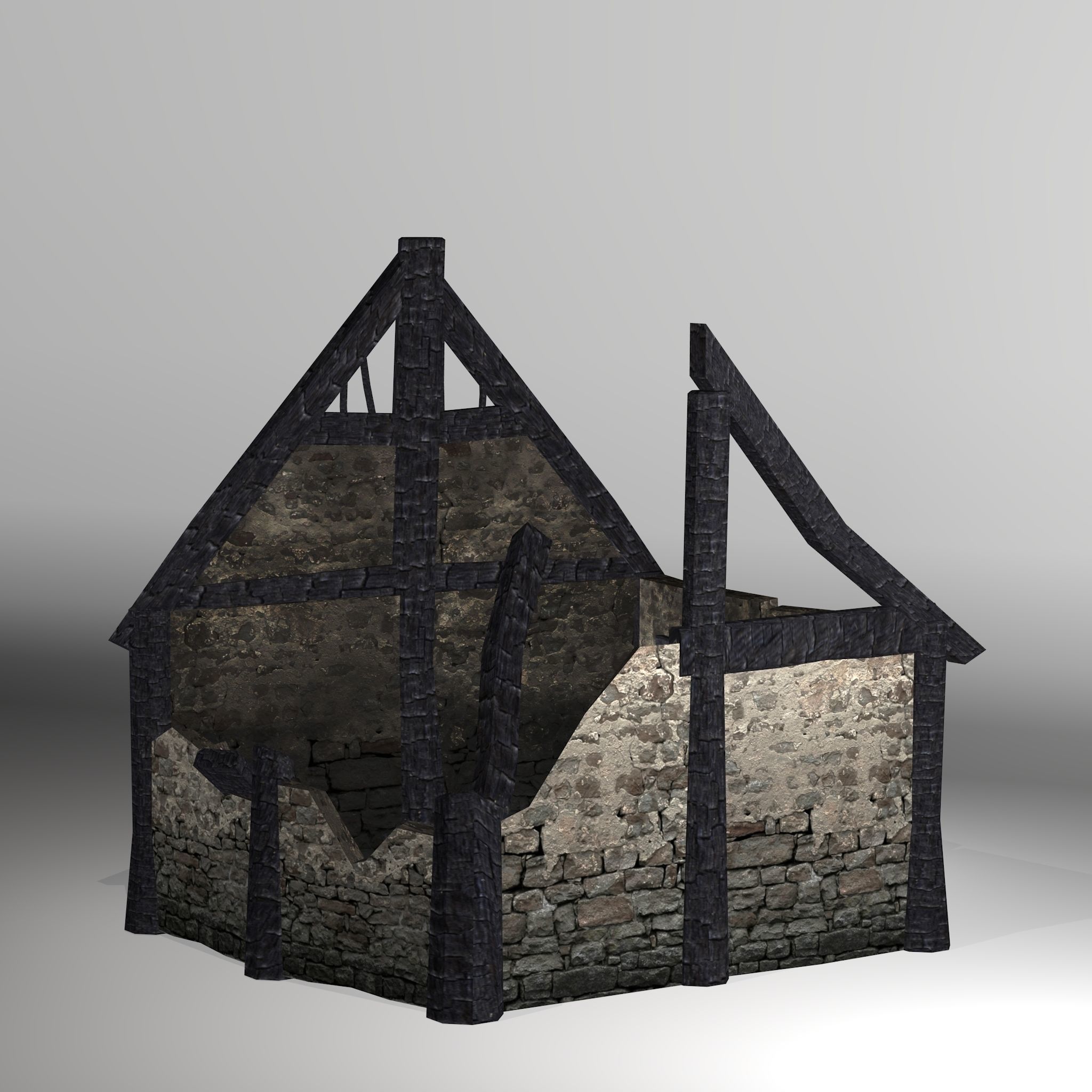 Burned Thatched house Low-poly 3D model_2