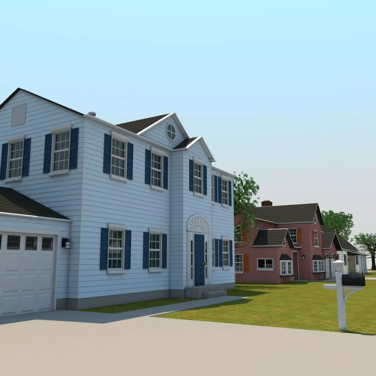 Neighborhood house with tree 3D model_0