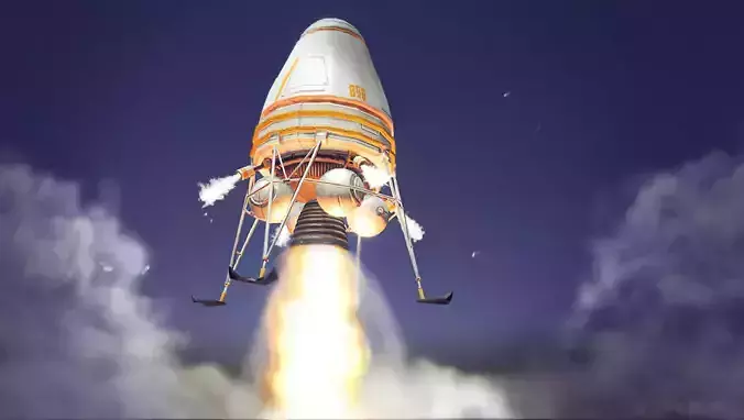 Low-poly Spaceship rocket taking off in sky