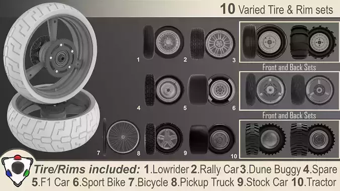 10 Varied Tire and Rim Sets 