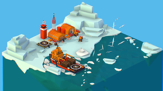 Isometric Polar Station North Pole iceboat 3D model