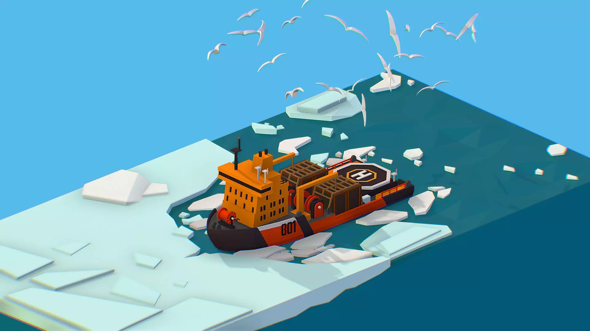 Isometric Boat breaking Ice North pole sea Icebreaker Low-poly 3D model