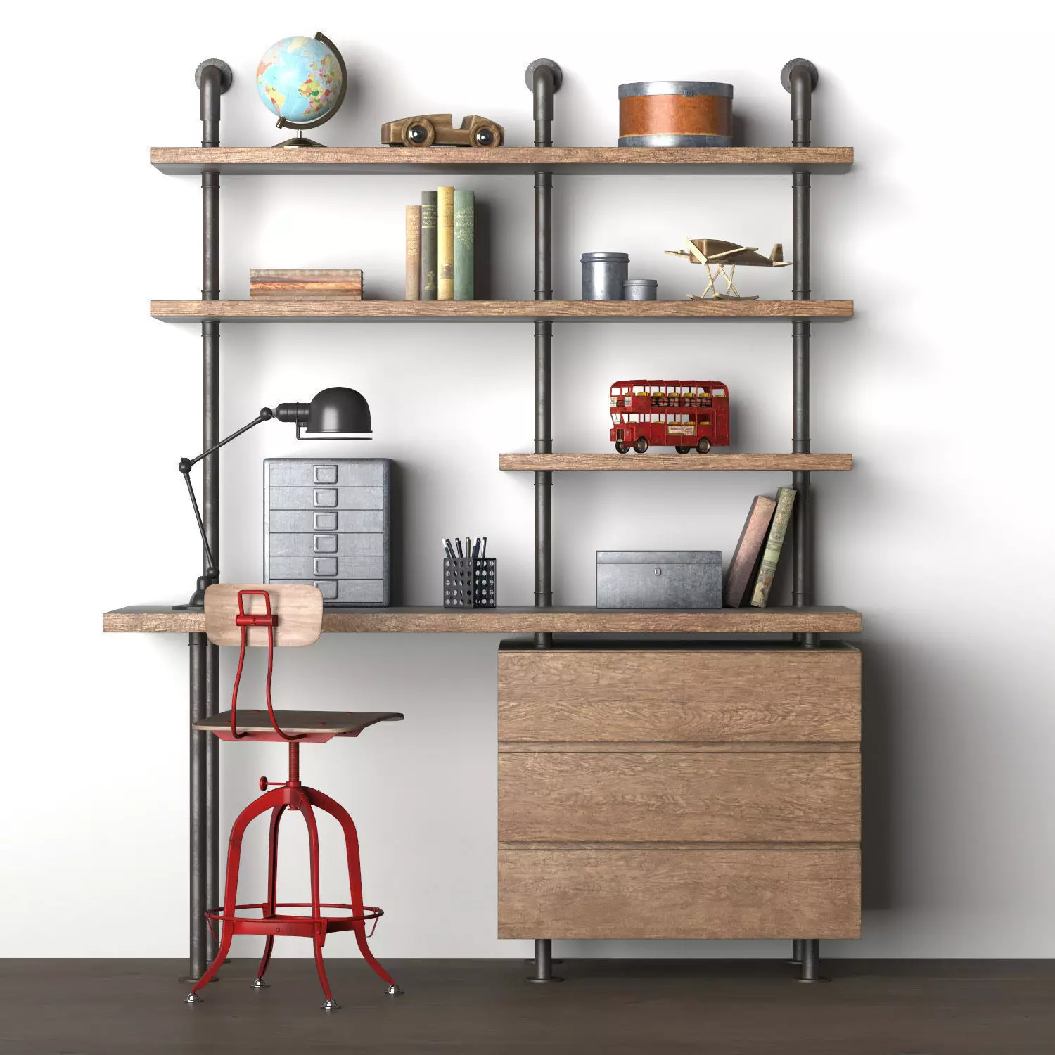 Induatrial Pipe Single Desk and Shelving with Drawers 3D model