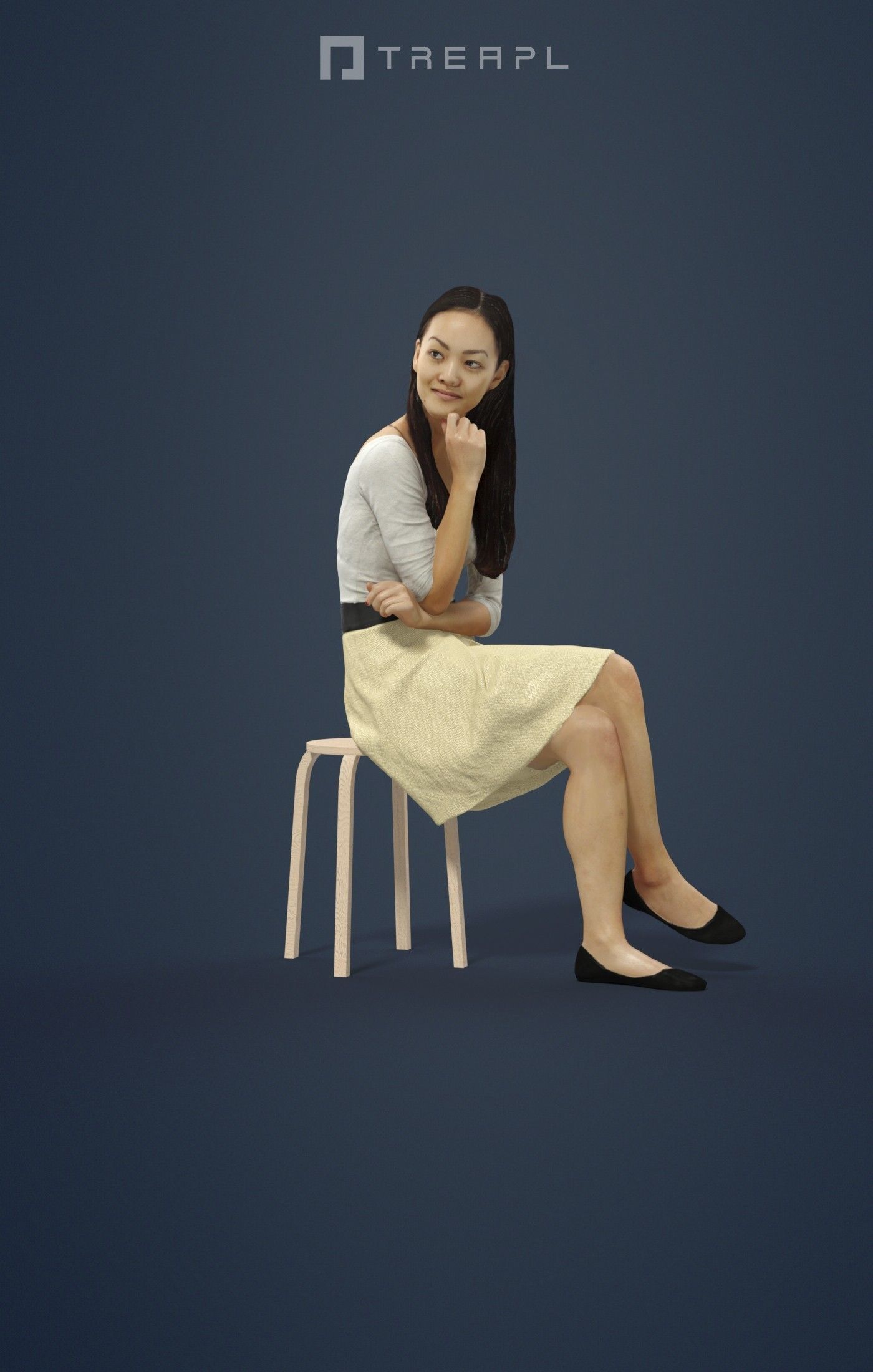 Passion Elegant Asian Woman In A Skirt Sitting Listening 3D model_1