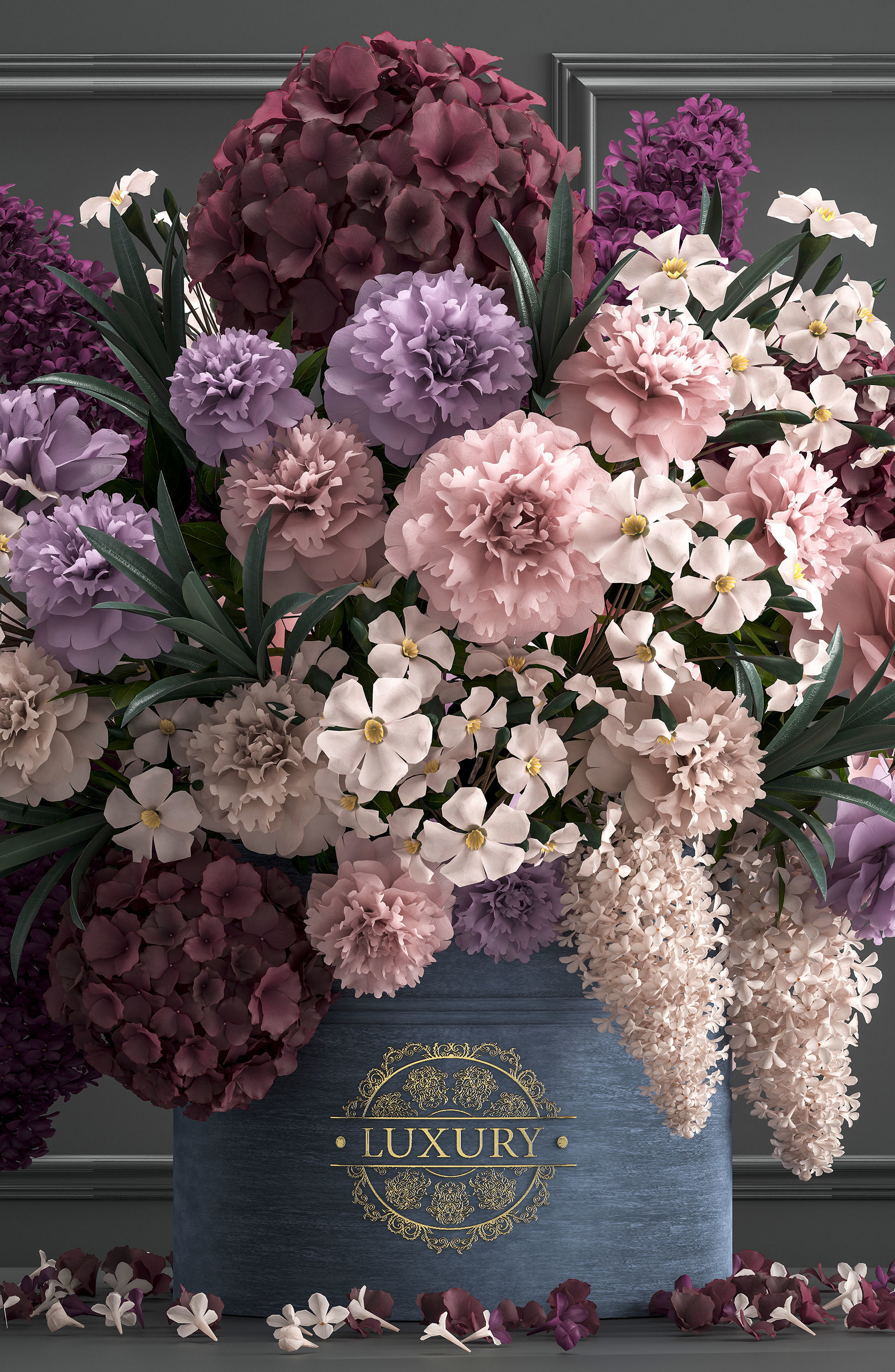 bouquet of flowers in a gift box 3D model_4