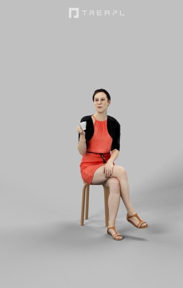Eternal Elegant Casual Sitting Woman Drinking Coffee Low-poly 3D model_3
