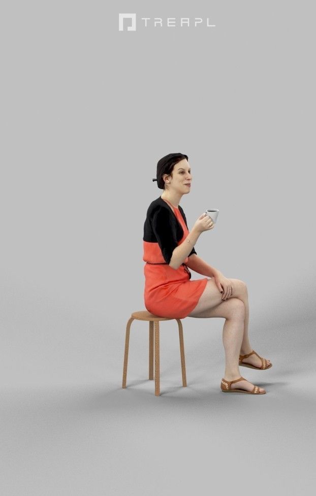Eternal Elegant Casual Sitting Woman Drinking Coffee Low-poly 3D model_4