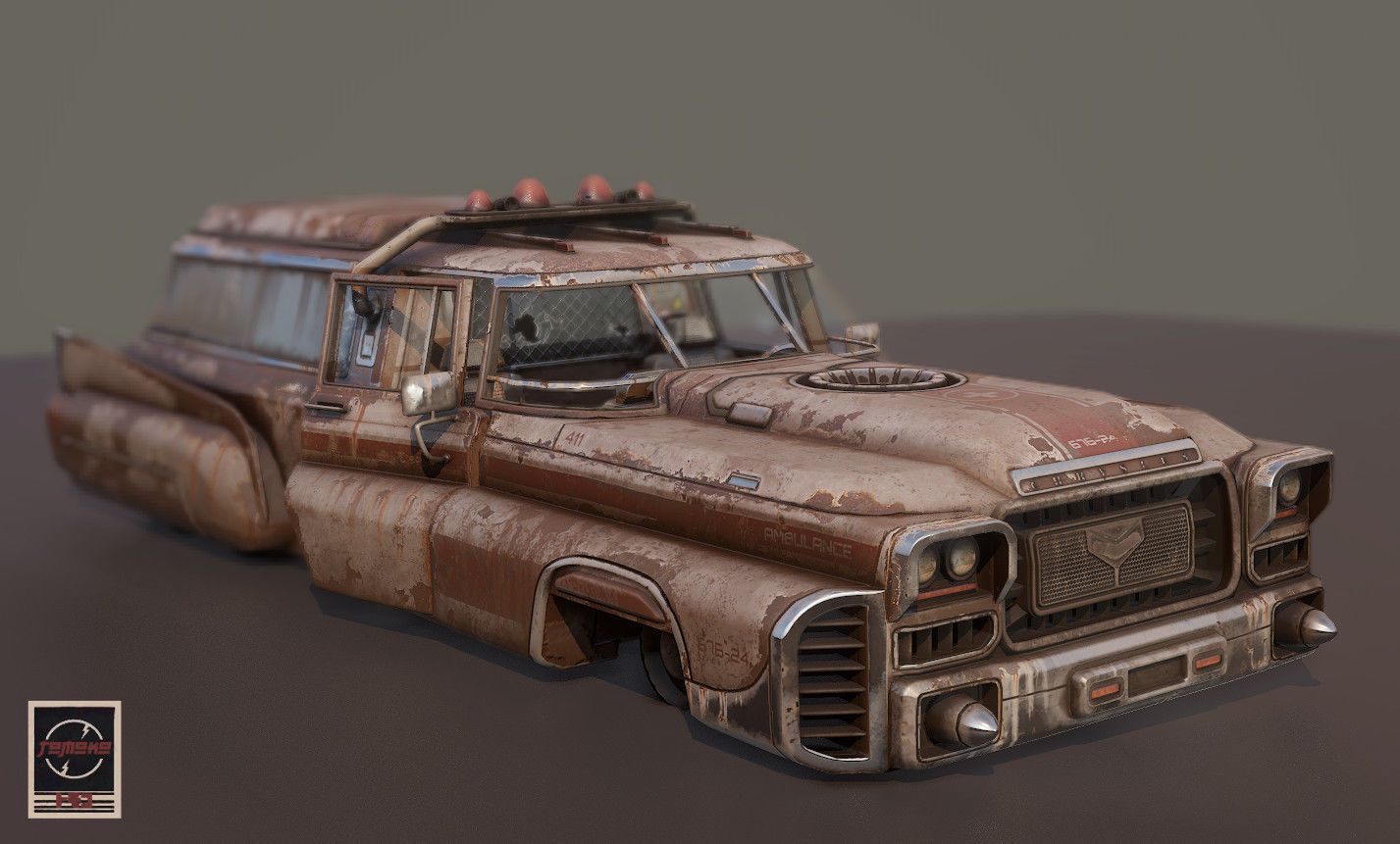 Abandoned Rusty Old Retro Future Ambulance Low-poly 3D model_1