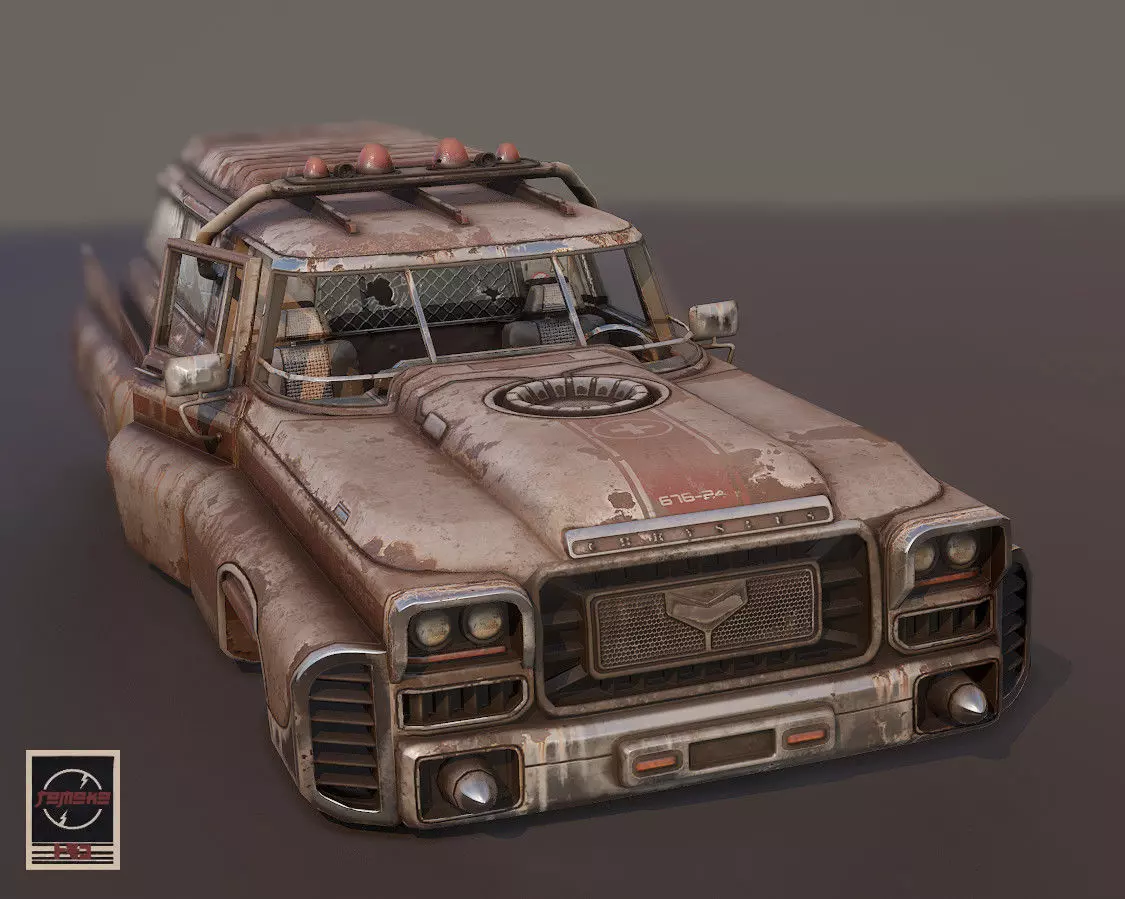 Abandoned Rusty Old Retro Future Ambulance Low-poly 3D model_0