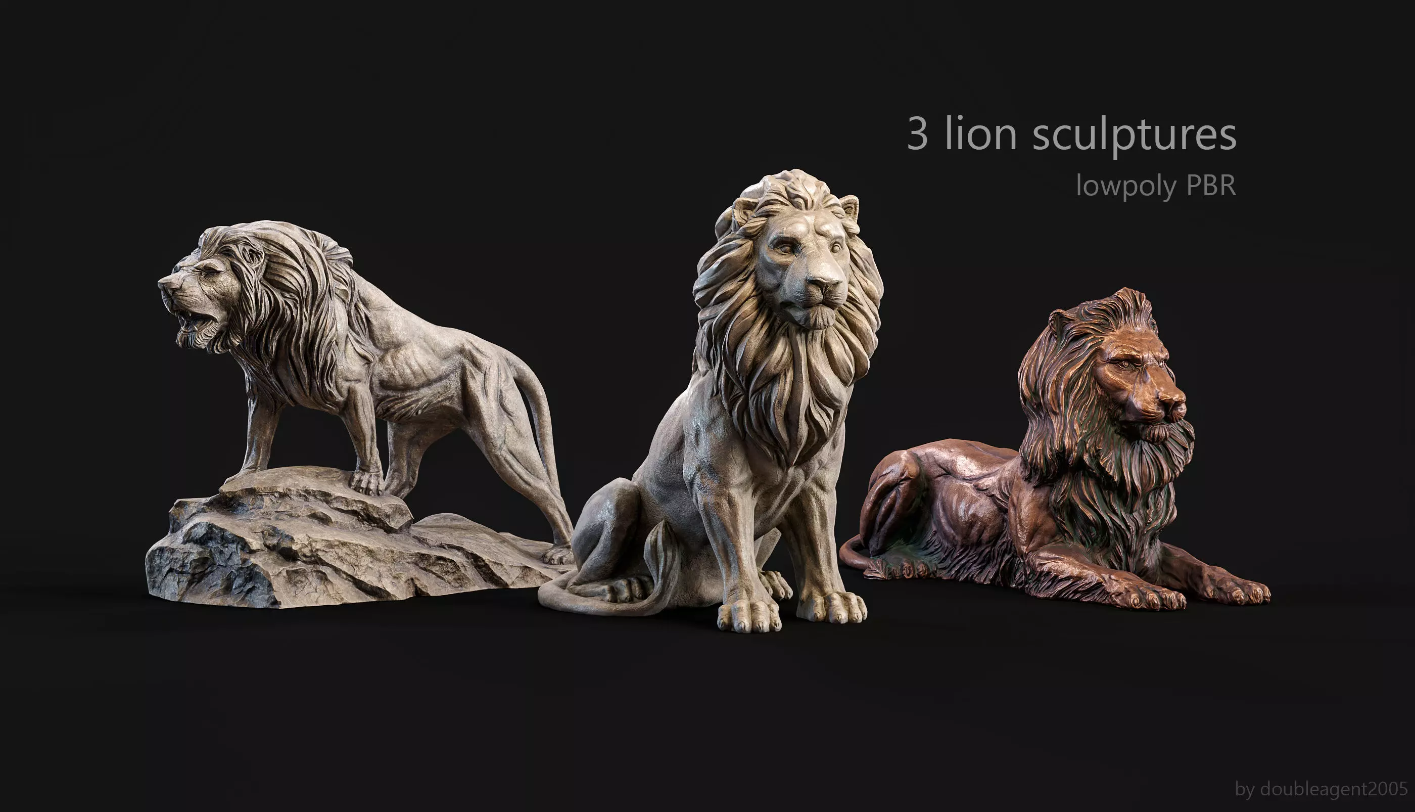 3 lions PBR lowpoly models collection _0