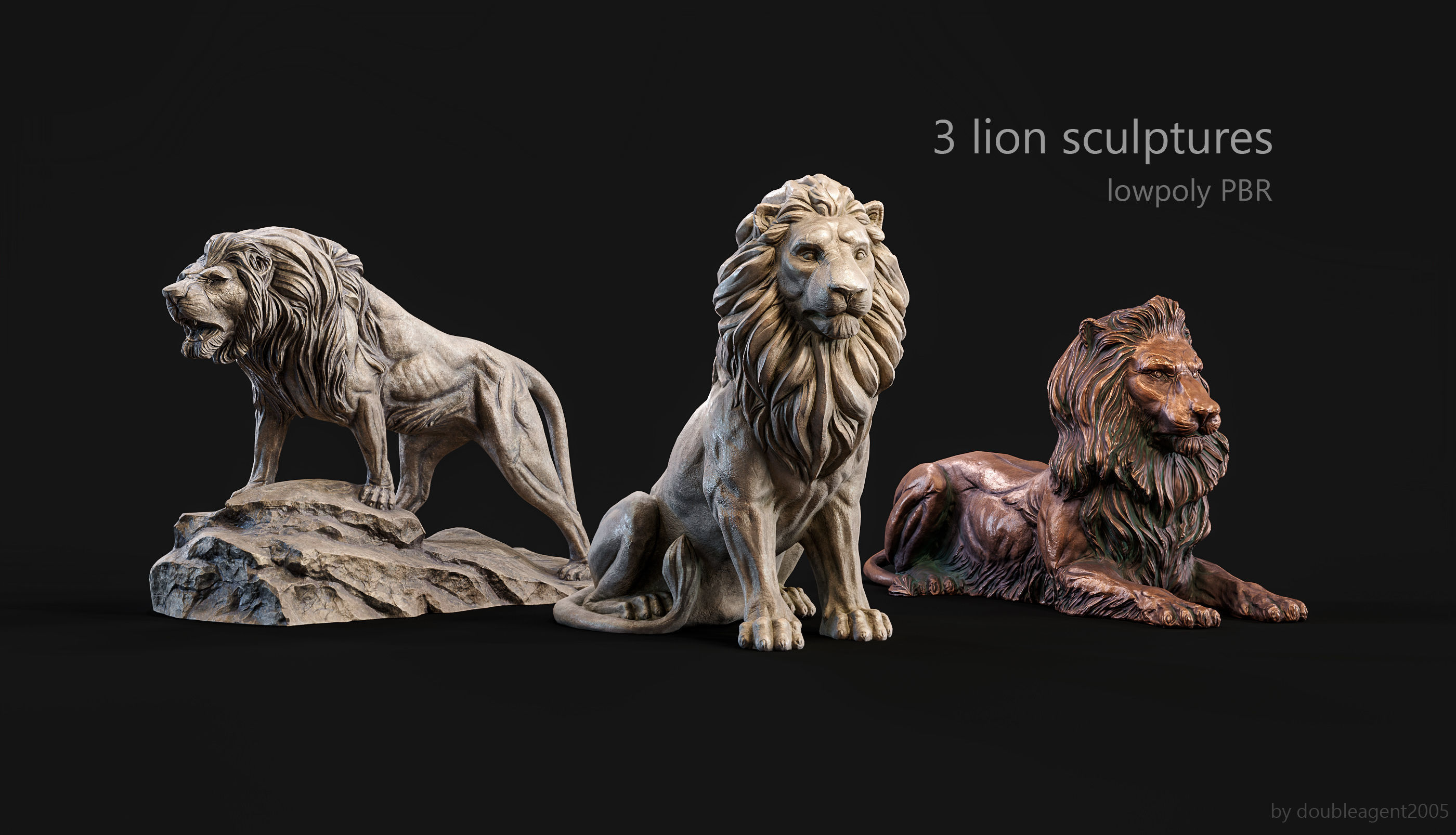 3 lions PBR lowpoly models collection _0
