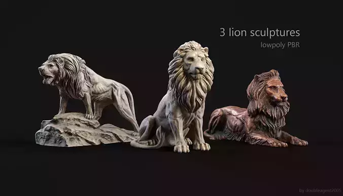 3 lions PBR lowpoly models collection 