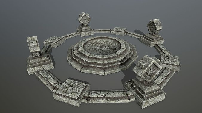 temple 5 stone circle with three statues Low-poly 3D model