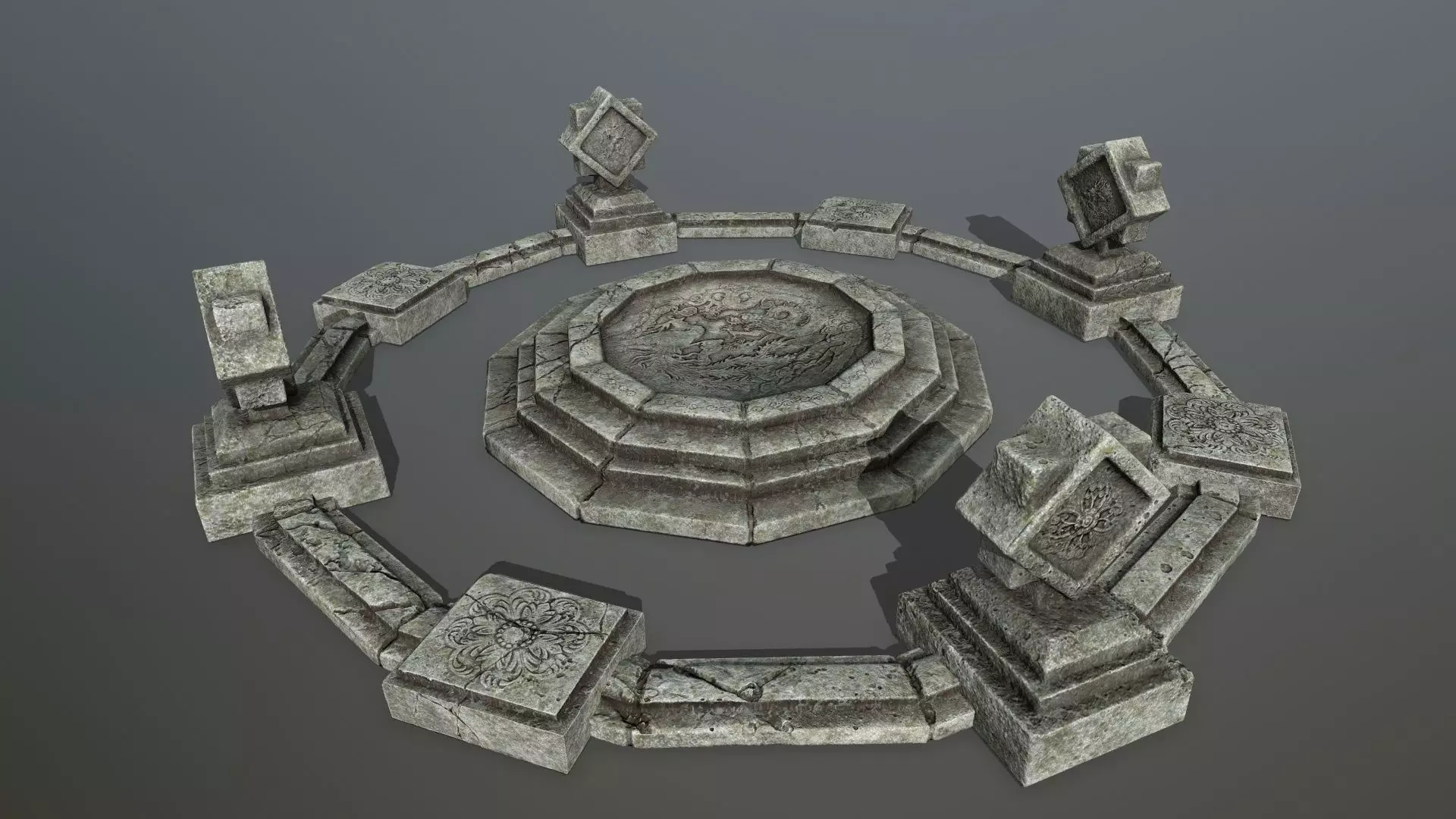 temple 5 stone circle with three statues Low-poly 3D model