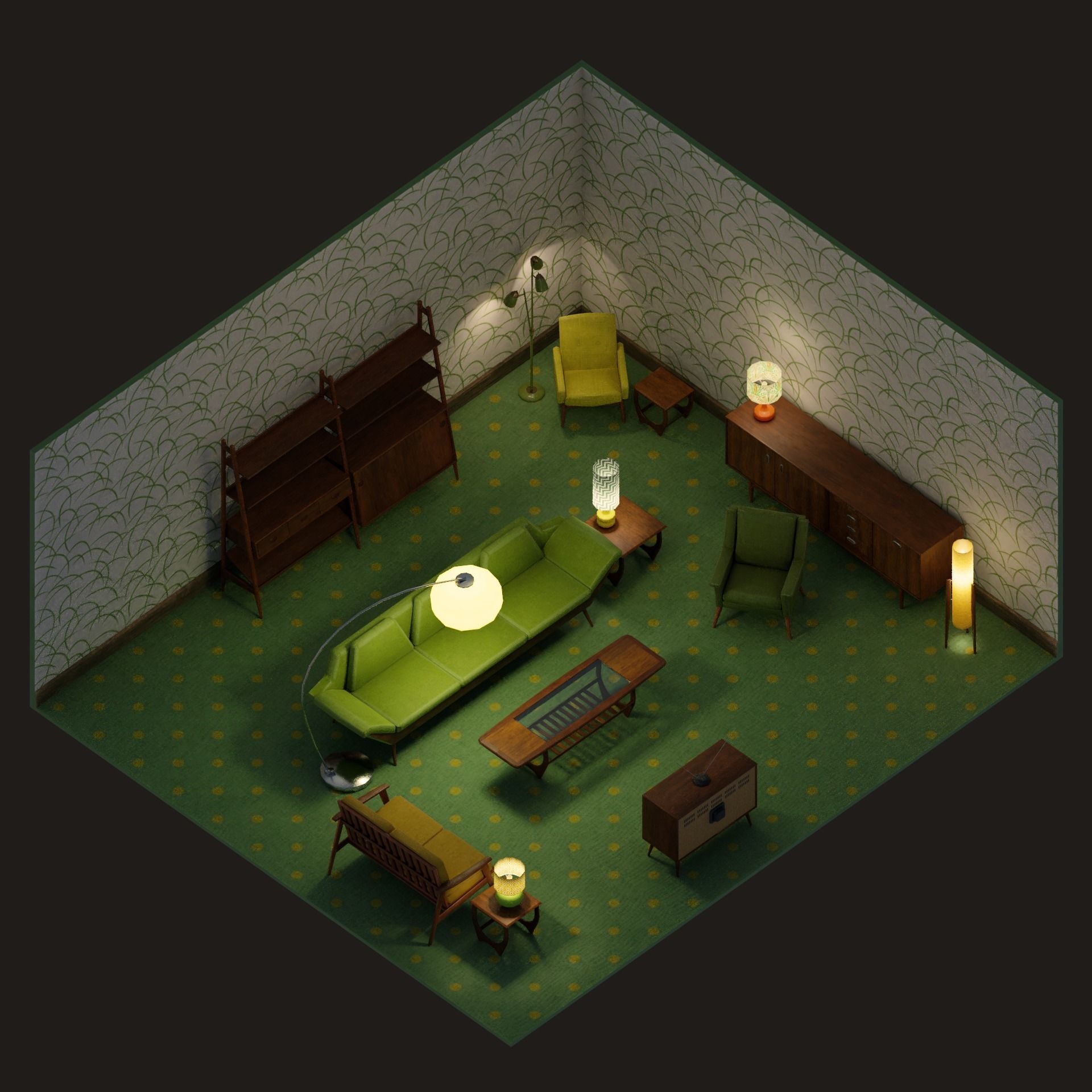 Retro - Living Room - Low Poly - Furniture Pack Low-poly 3D model_2