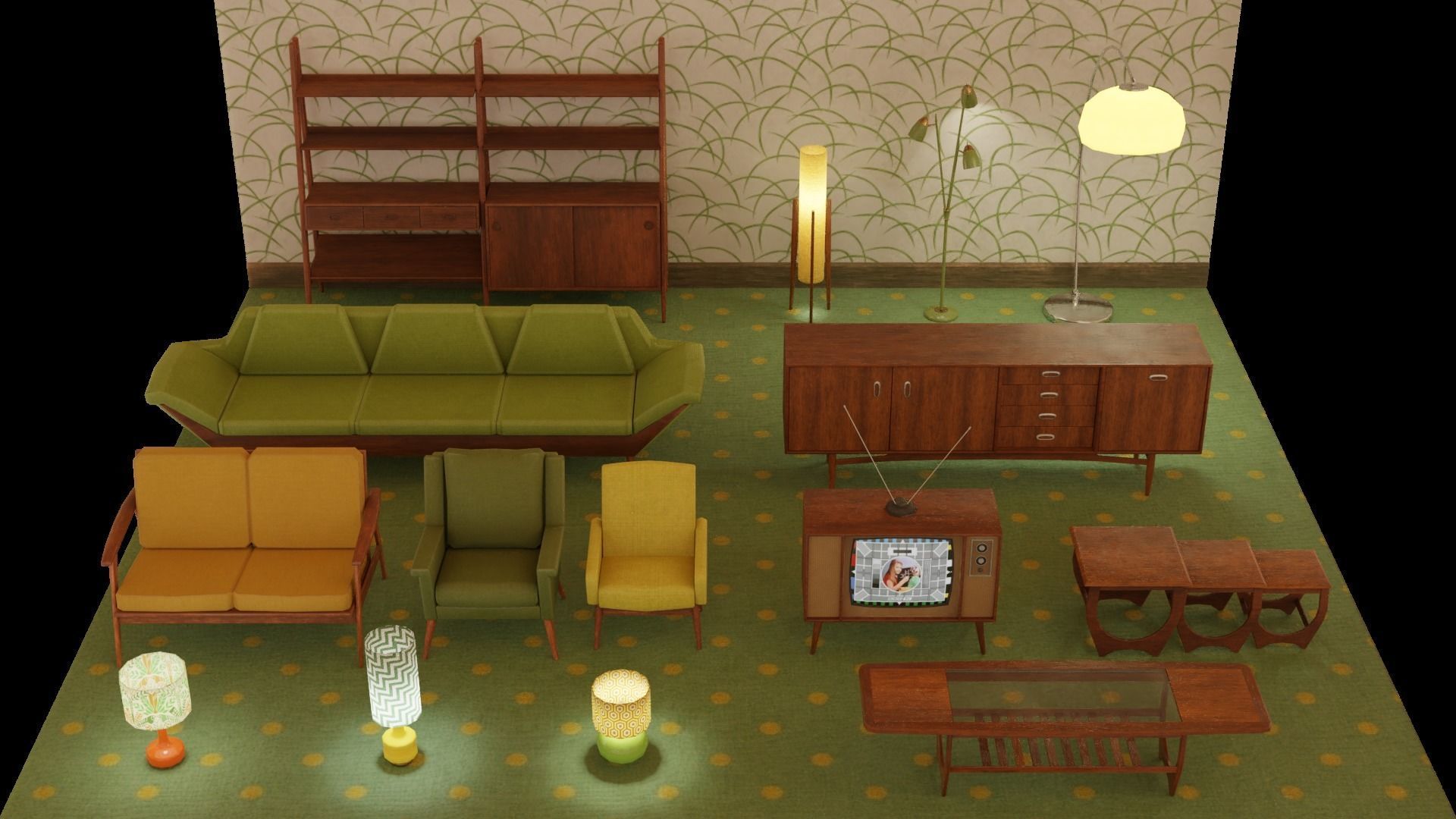 Retro - Living Room - Low Poly - Furniture Pack Low-poly 3D model_1